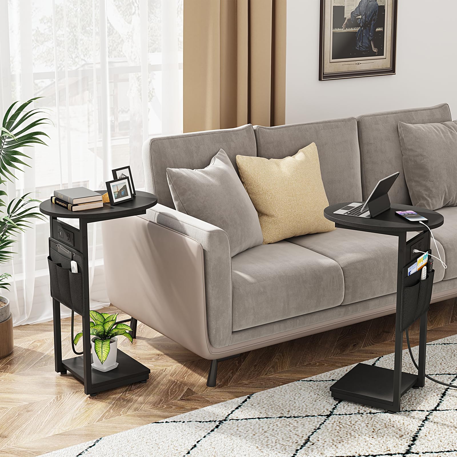 Vagusicc C-Shaped End Table with USB Charging Station - Small Side Table for Couch, Sofa & Bedroom - Round TV Tray Slide Under Sofa Table - Modern Living Room Furniture (Black) - Perfect for Small Spaces, Apartment Living & Home Office Use