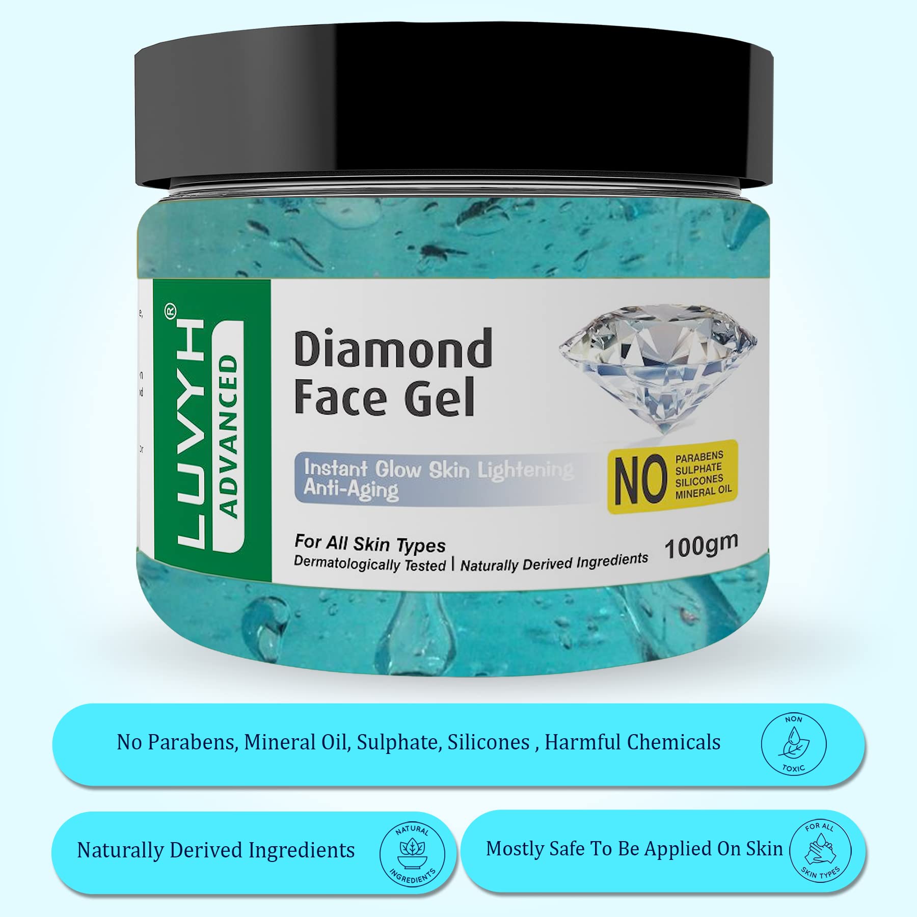 Luvyh Diamond Face Gel & Moisturizer - Herbal Skin Whitening & Brightening Night Gel (100g) for All Skin Types | Men & Women | Hydrating & Nourishing | Perfect for Nighttime Skincare Routine & Glowing Complexion