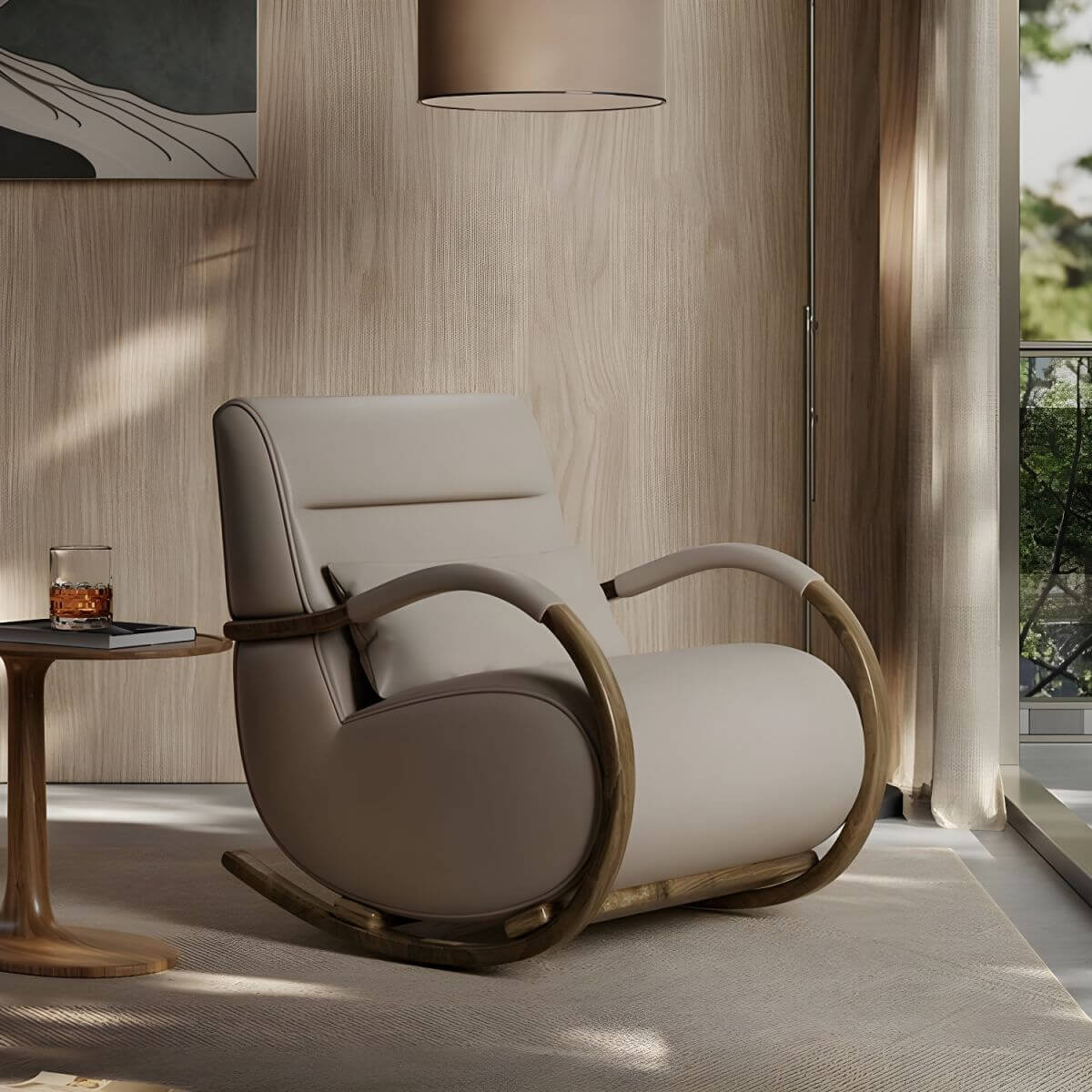Modern Brown Wood Indoor Rocking Chair with Spindle Back & Water-Resistant Seat - Perfect for Nursery, Living Room & Relaxation