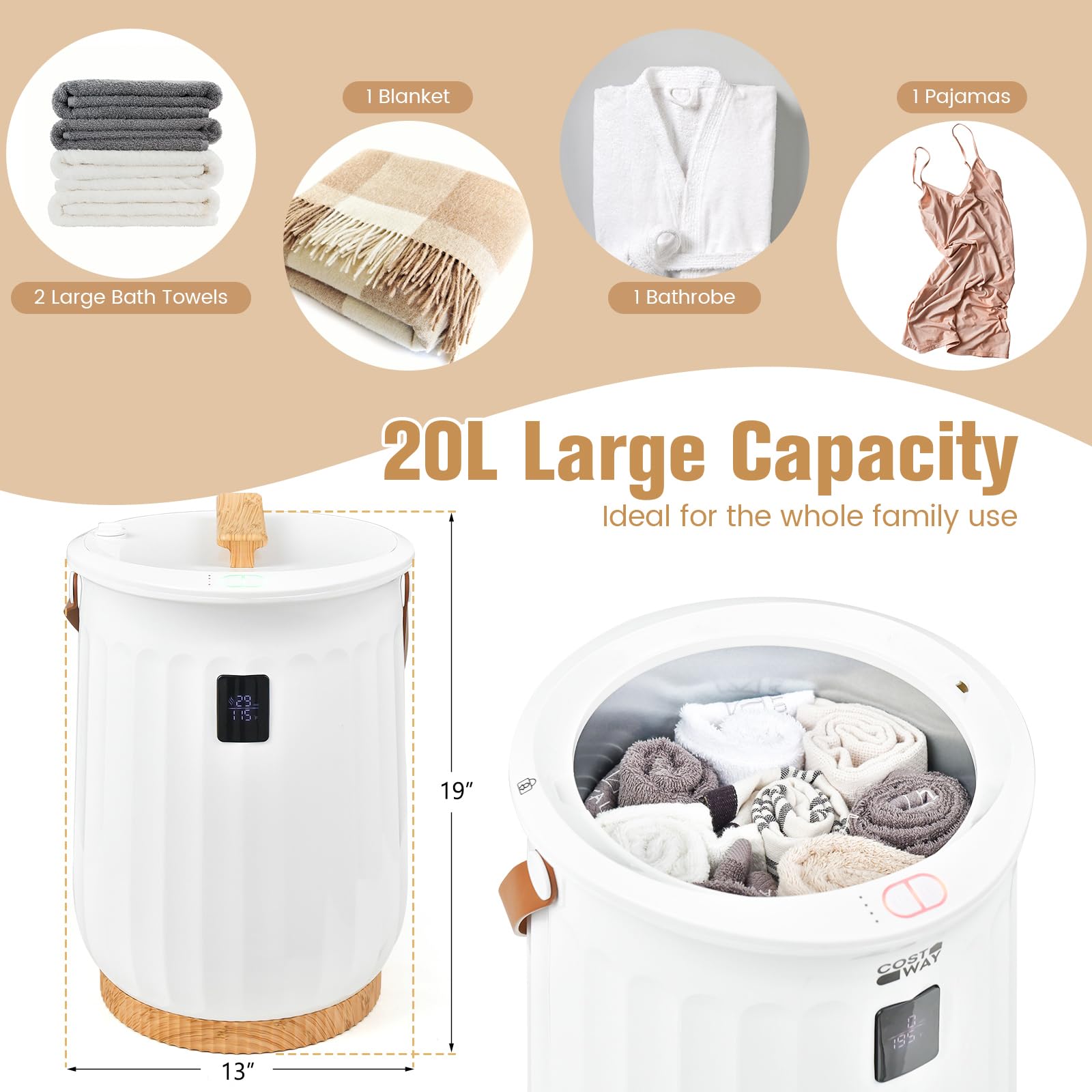Tangkula 20L Electric Towel Warmer Bucket with LED Display - Adjustable Timer, Aromatherapy Disc Holder & Auto Shut Off - PU Leather Handle, Child Safety Lock & ETL Certified (White) - Perfect for Spa, Salon, Bathroom & Home Relaxation