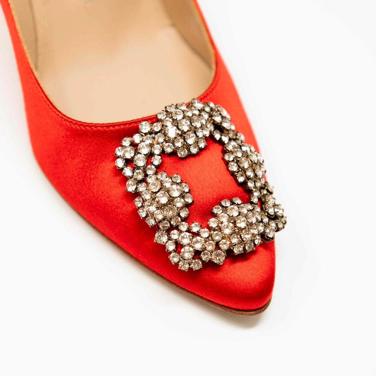 Manolo Blahnik Hangisi Red Satin Pumps Women's Size 37 - Elegant High Heels for Weddings, Parties & Special Occasions