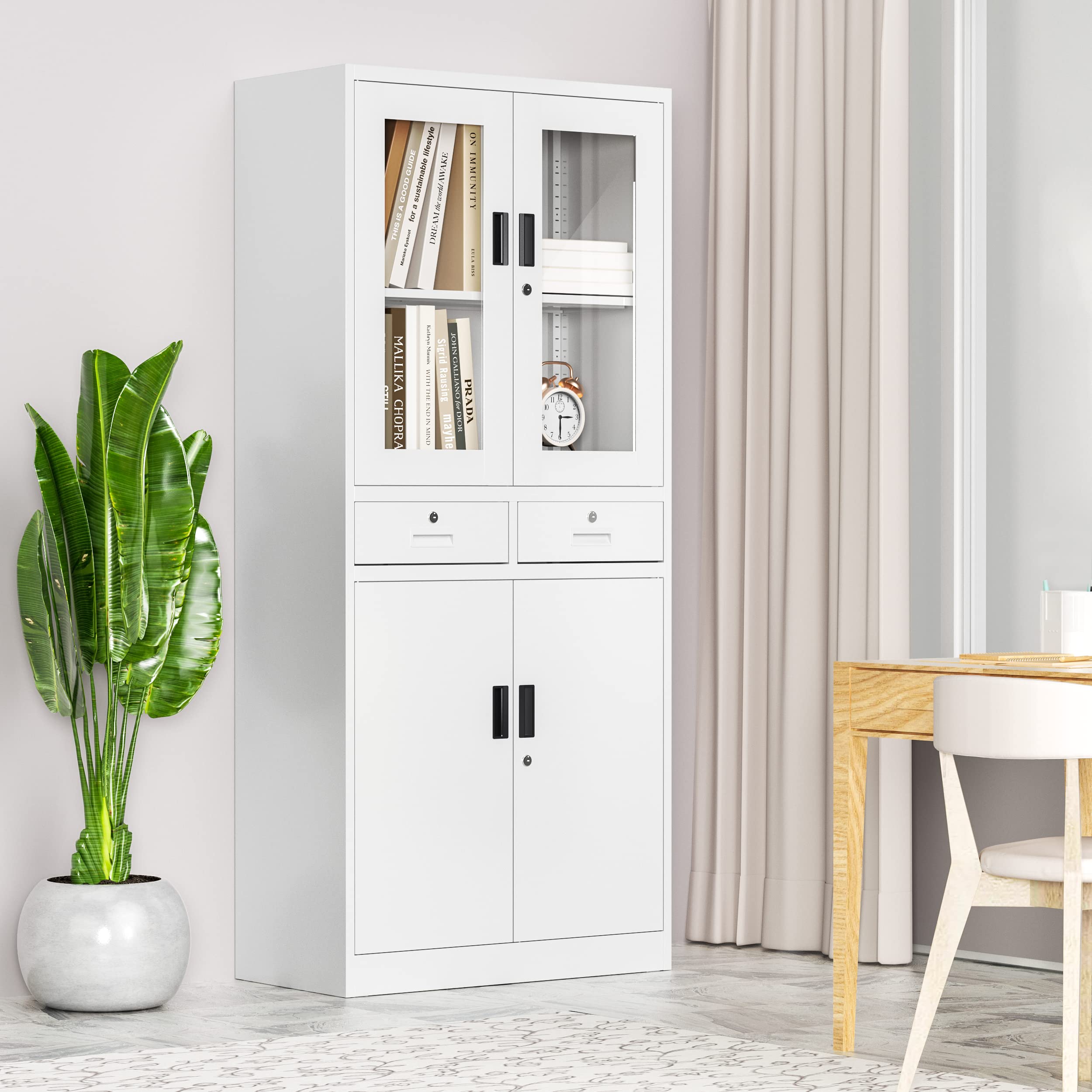71'' Tall White Metal Storage Cabinet with Locking Doors & Adjustable Shelves - Freestanding Glass Display Cabinet for Kitchen Pantry, Living Room, or Office Organization