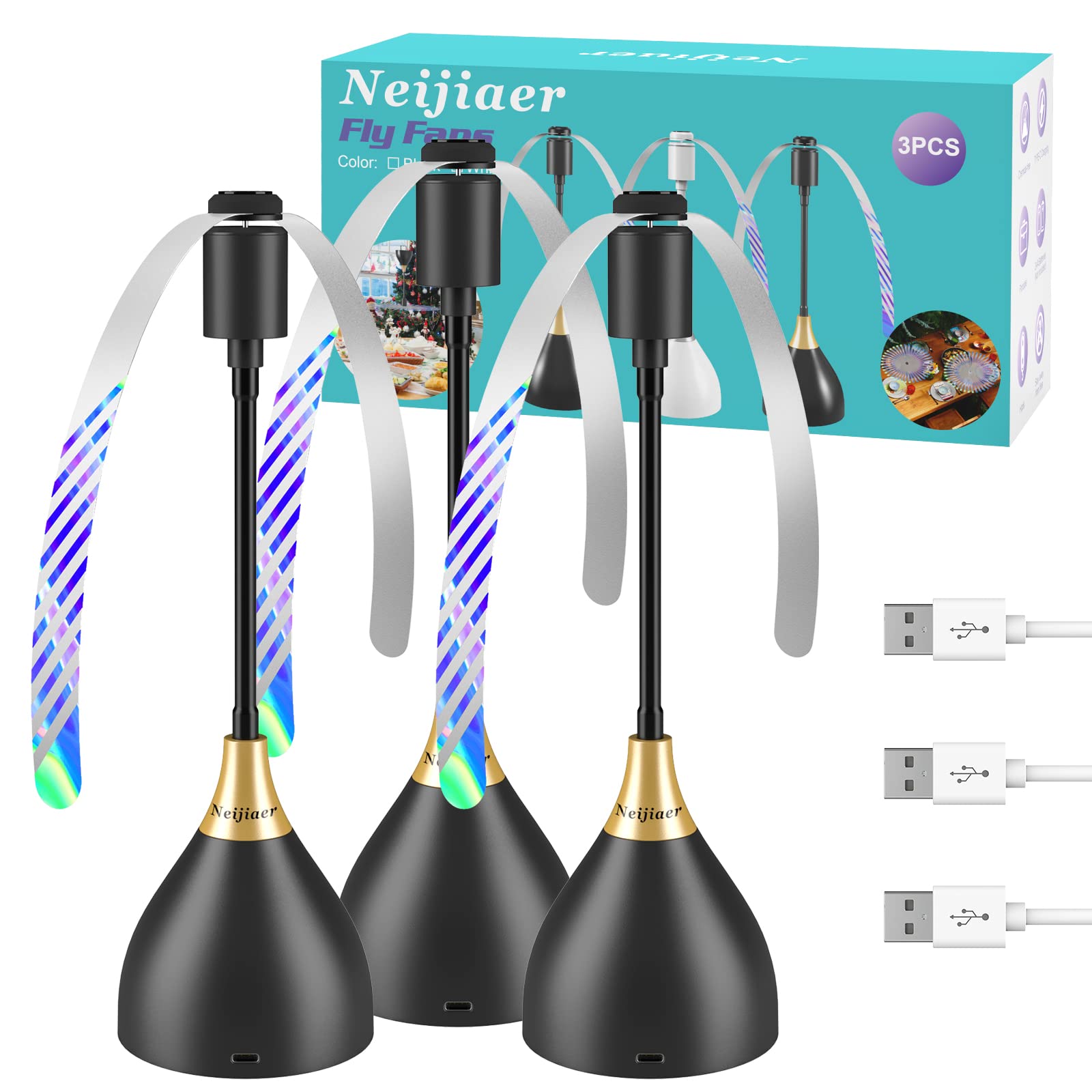 USB/Battery Powered Silent Table Fly Fan - 3 Pack Portable Insect Repellent with Soft Blades for Outdoor Dining, Picnics & Kitchen Use - Keep Food Clean & Fly-Free