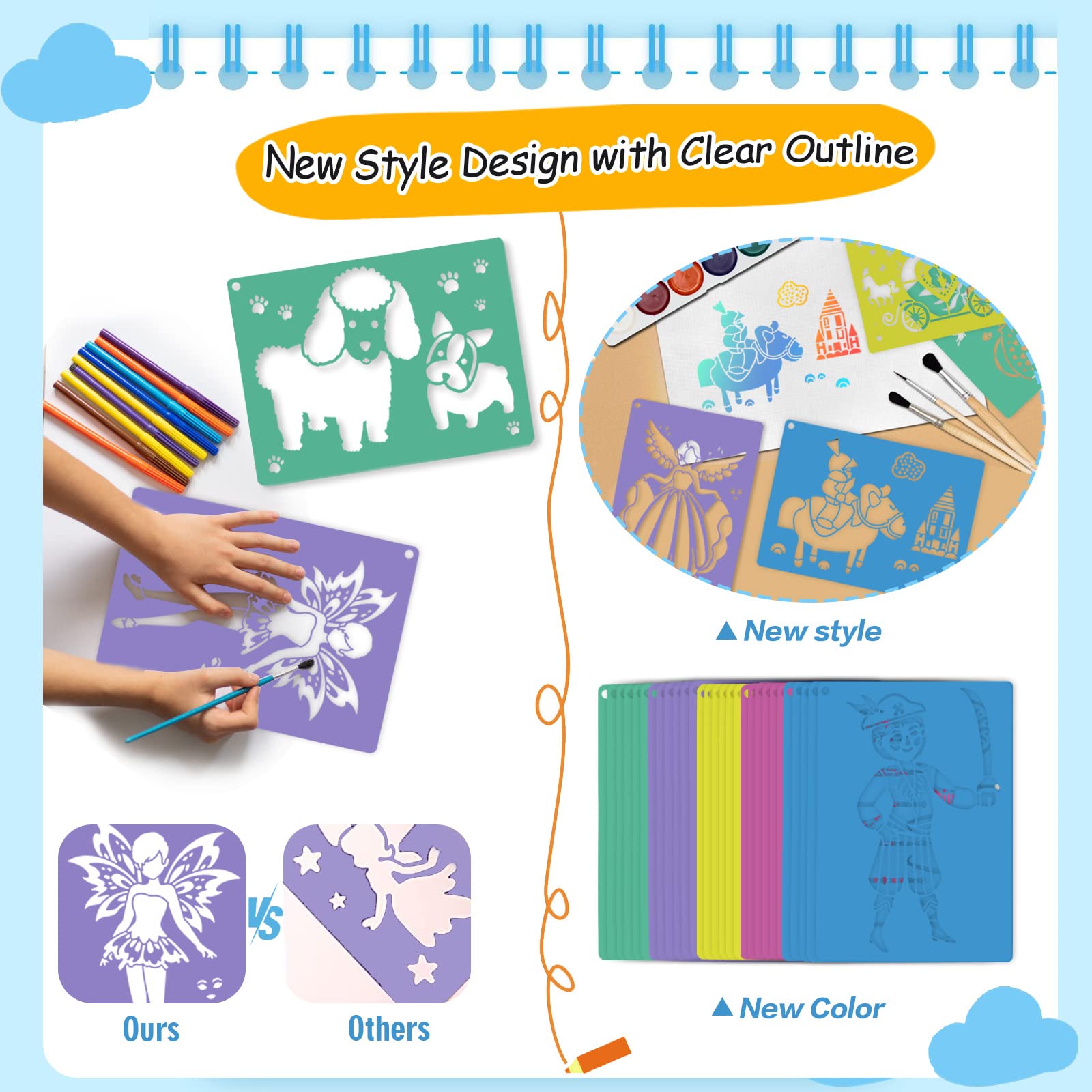 30 PCS Large Colorful Sidewalk Chalk Stencils for Kids - 7 x 9.85 Inch Reusable Drawing Templates, Washable Craft Fun for Outdoor Play, Birthday Parties & DIY Art Projects