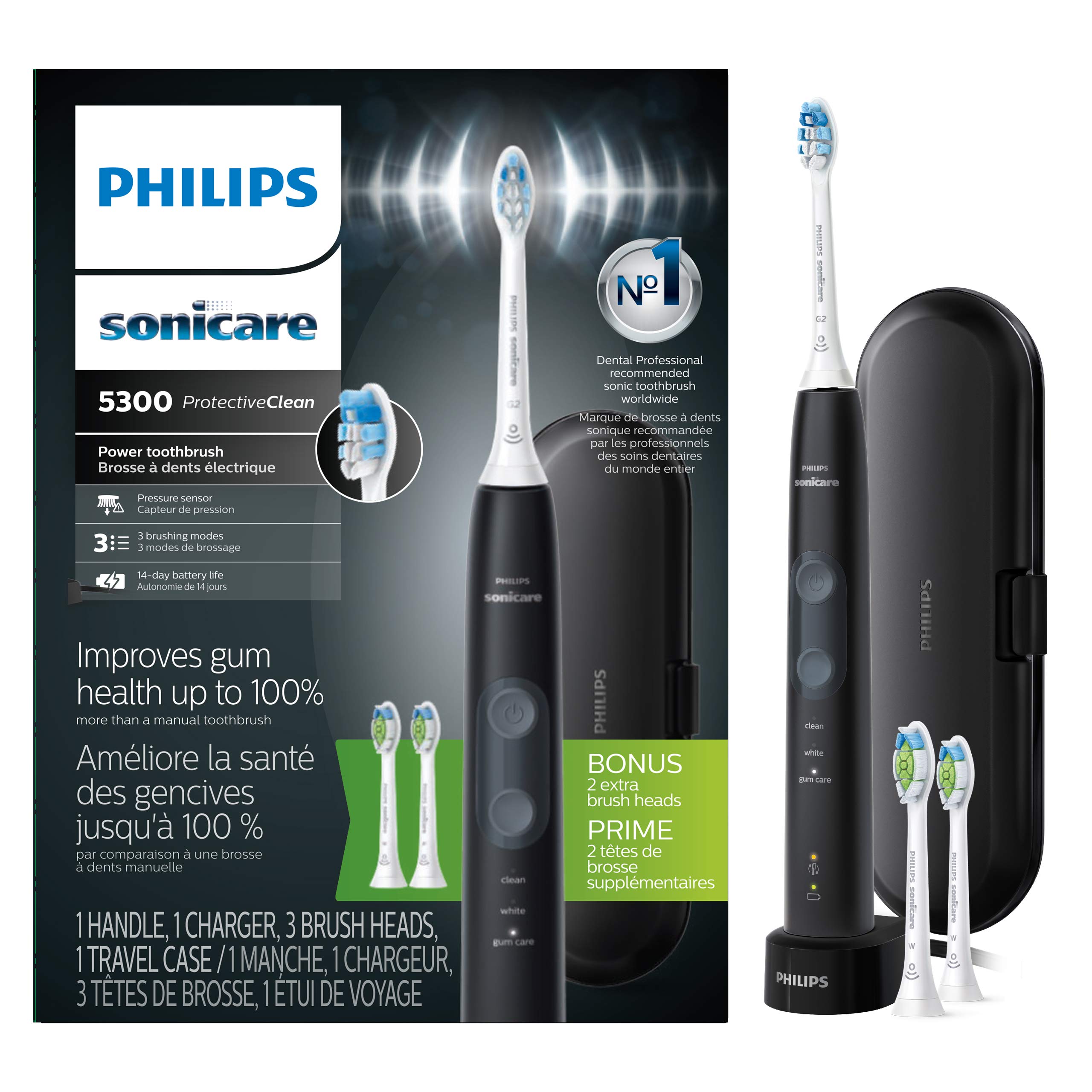 Philips Sonicare ProtectiveClean 5300 Rechargeable Electric Toothbrush - Black (HX6423/34) | Advanced Plaque Removal & Gum Care | Perfect for Travel & Daily Oral Hygiene Routine