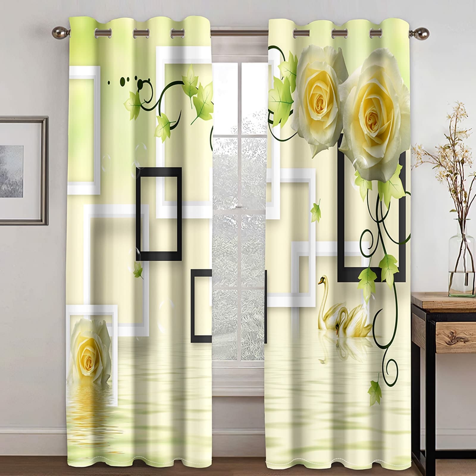 Eco-Friendly Green Kitchen Curtains - Blackout Travel Curtains with Rose Swan Design, 84