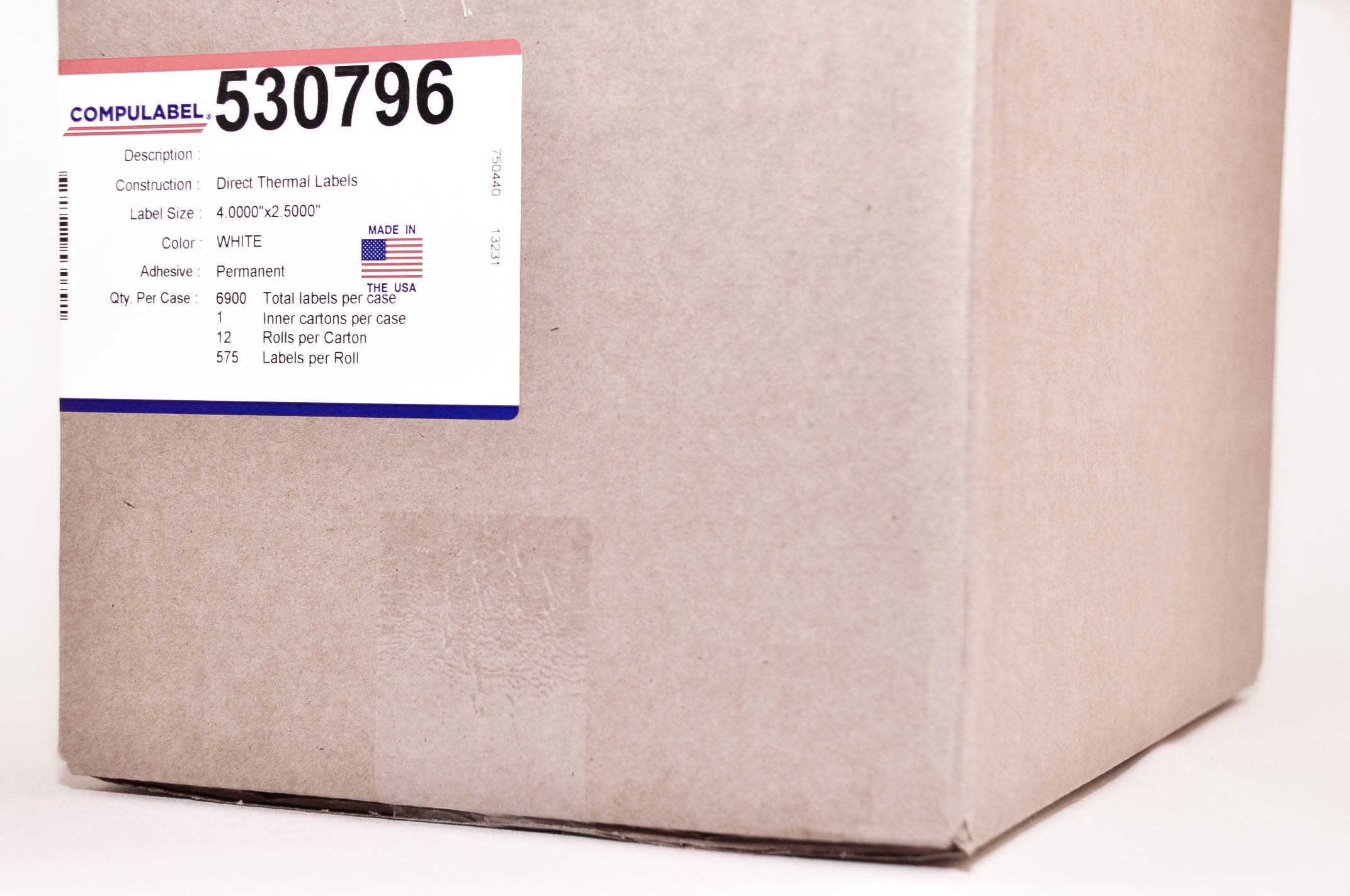 CompuLabel Direct Thermal Labels 4x2.5 Inch White Roll - Permanent Adhesive, Perforated, 575 Labels/Roll (12 Rolls/Carton) - Ideal for Shipping, Inventory & Barcode Labeling