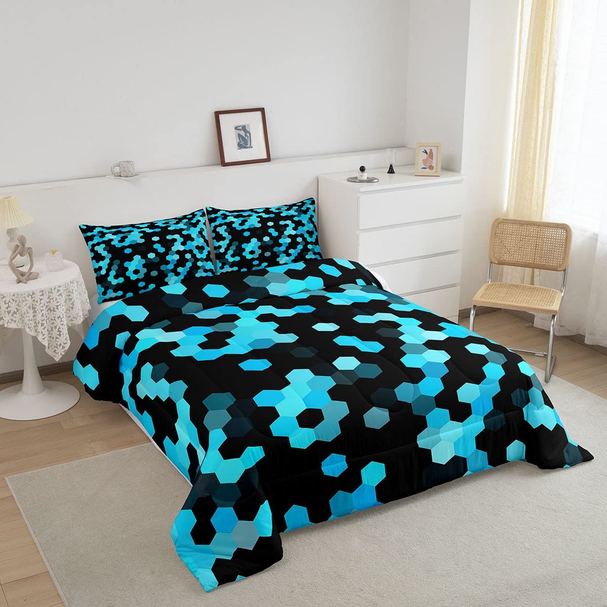 Honeycomb Camouflage Comforter Set - Full Size Black & Blue Camo Down Alternative Duvet for Kids, Boys & Adults | Military Style Hexagon Beehive Bedding | Perfect for Bedroom Decor, Camping & Army Themed Rooms