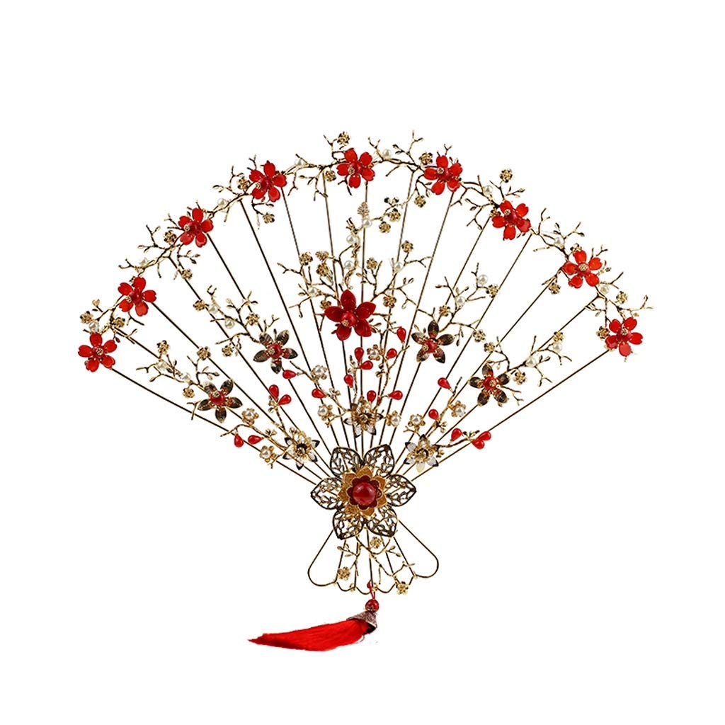 TWDYC Chinese Style Wedding Fan - Pearl Embellished Hand Fan, Gold & Red Plum Blossom Bridal Bouquet, Scalloped Edge for Brides | Perfect for Traditional Weddings, Tea Ceremonies & Asian-Themed Events