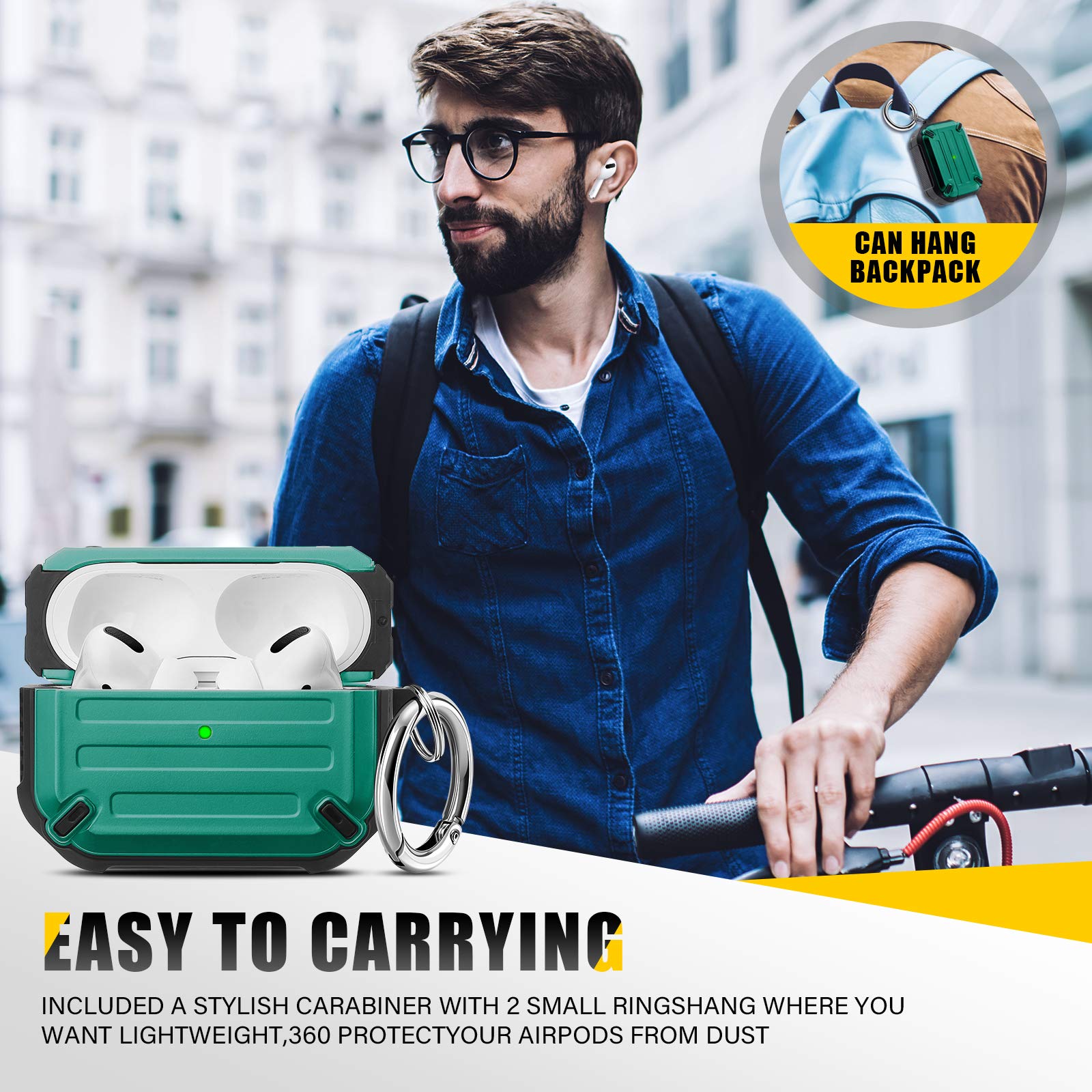 Rugged AirPods Pro Case with Keychain - Shockproof TPU Cover for Charging Case, Midnight Green - Perfect for Travel & Outdoor Use
