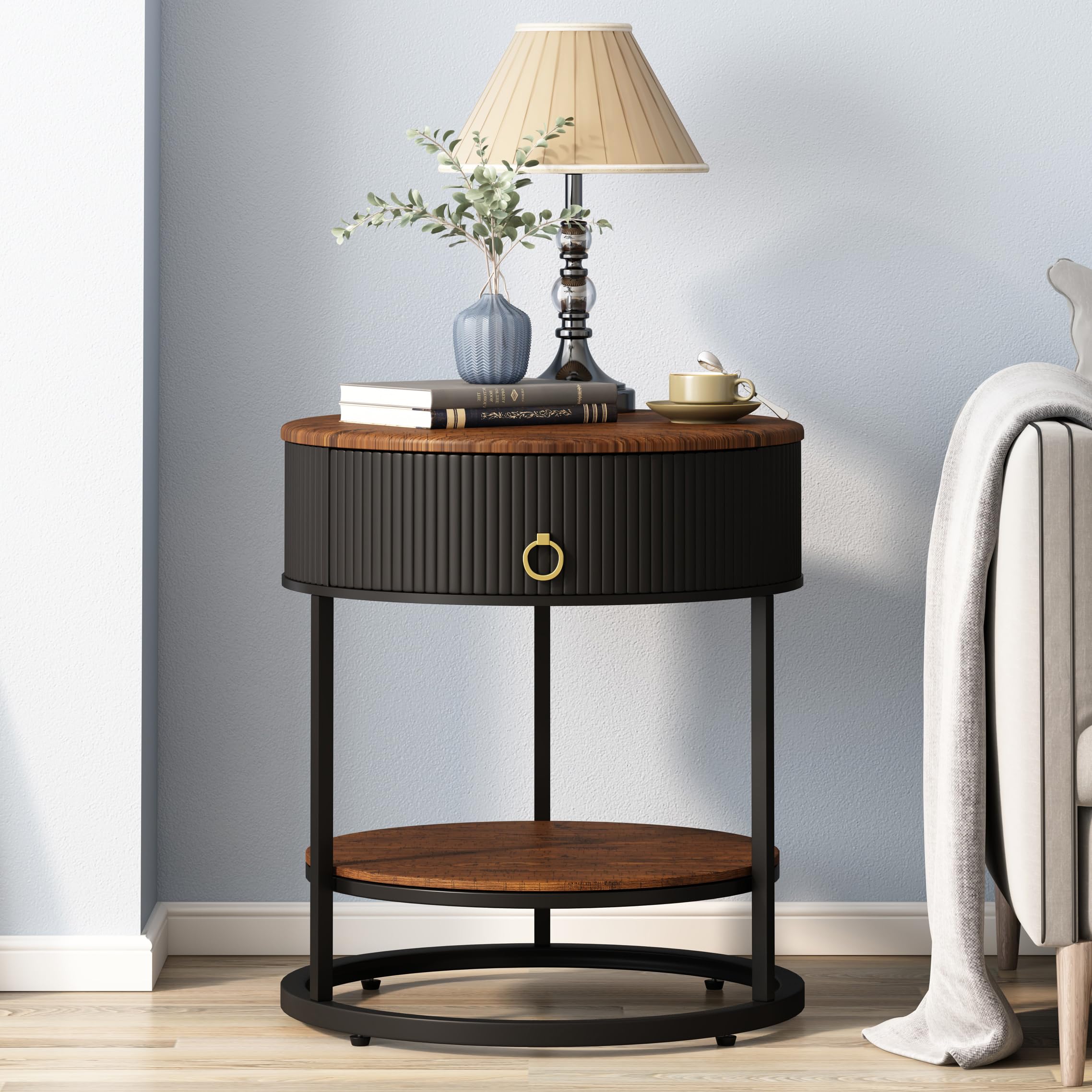 Modern Round End Table with Drawer - 2-Tier Wood Nightstand with Shelf - Rustic Brown & Black Side Table for Living Room, Bedroom - Perfect for Small Spaces, Coffee Table Alternative, Home Decor Accent