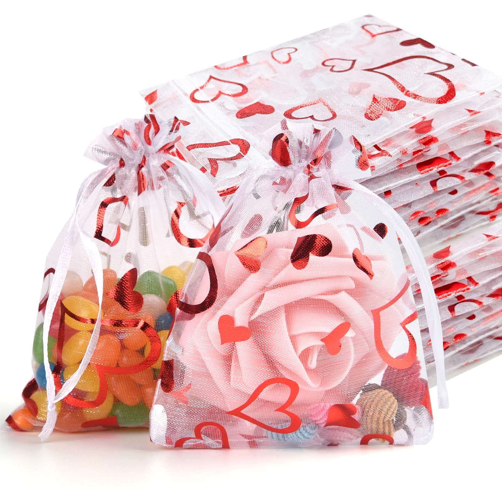 120 Pcs Valentine's Day Gift Bags - Red Heart Organza Drawstring Pouches for Jewelry, Wedding Favors, Party Decorations - Perfect for Romantic Gifts, Wedding Party Supplies & Birthday Celebrations