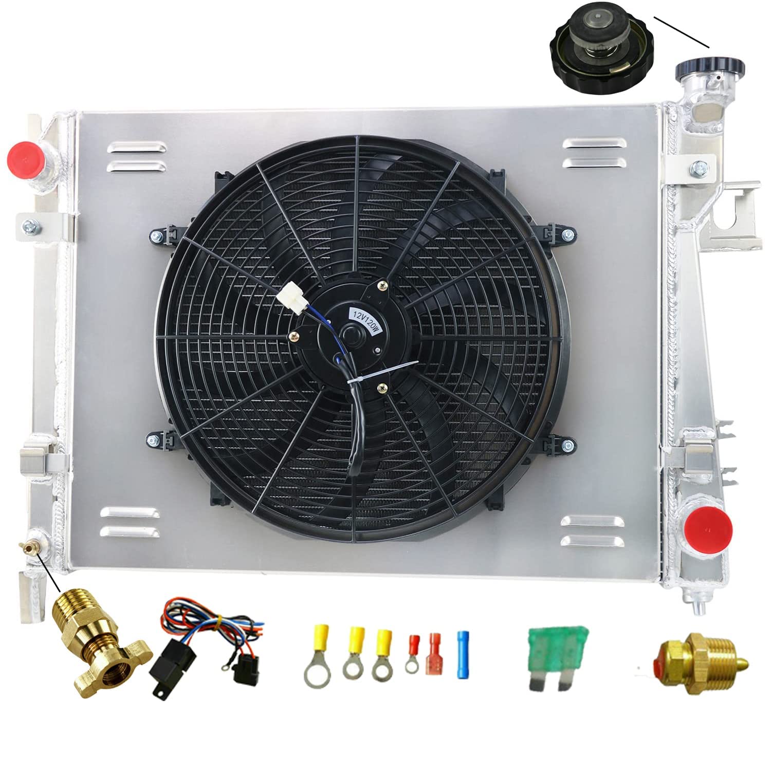 High-Performance Aluminum Radiator for 2004-2009 Dodge Ram 1500/2500/3500 5.7L V8 - 3-Row Cooling System with Fan Shroud, Thermostat & Relay Kit - Perfect for Off-Roading & Heavy-Duty Towing