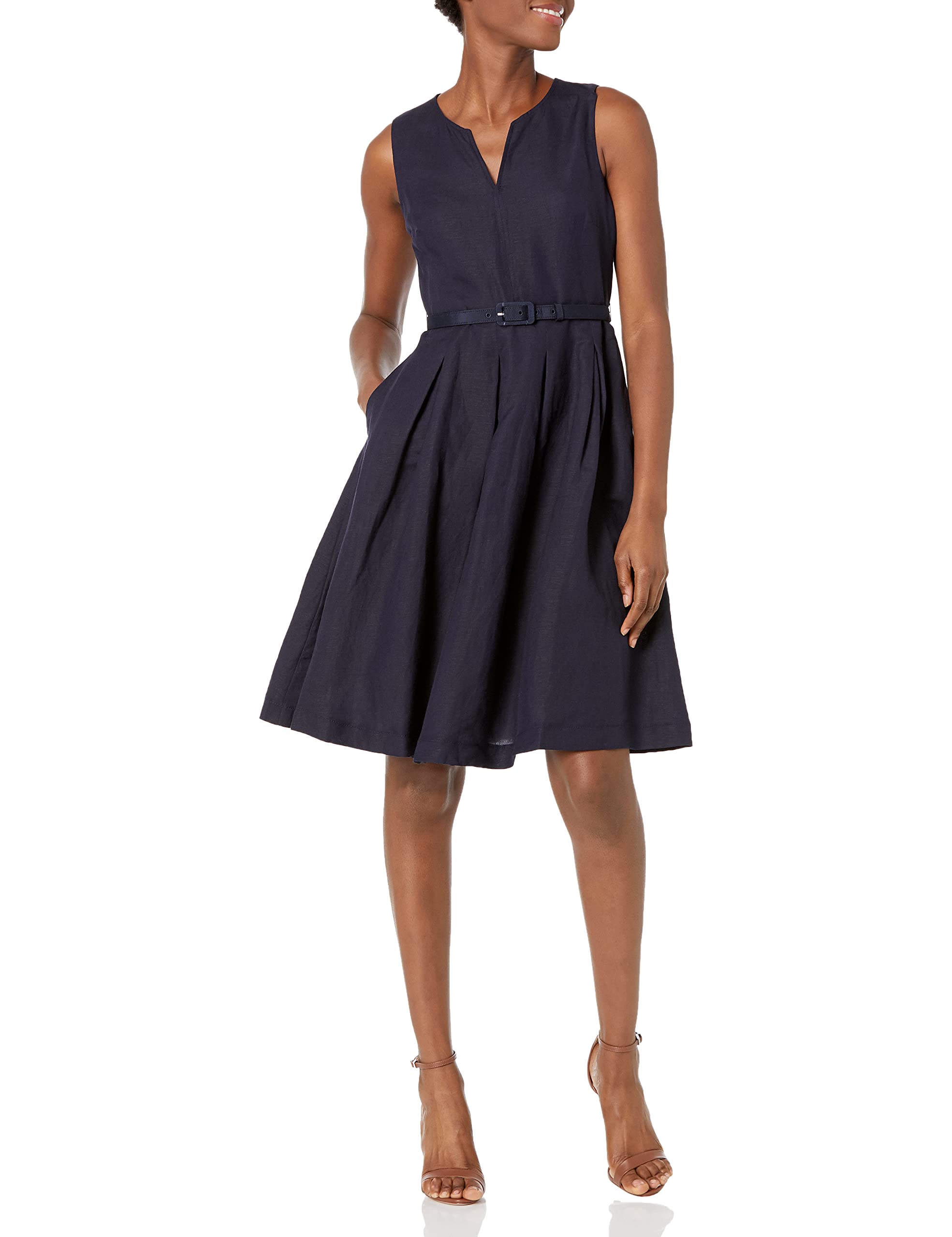 KARL LAGERFELD Women's Linen Fit and Flare Dress - Summer Casual & Office Wear - Elegant Midi Dress for Brunch, Wedding Guest & Business Meetings