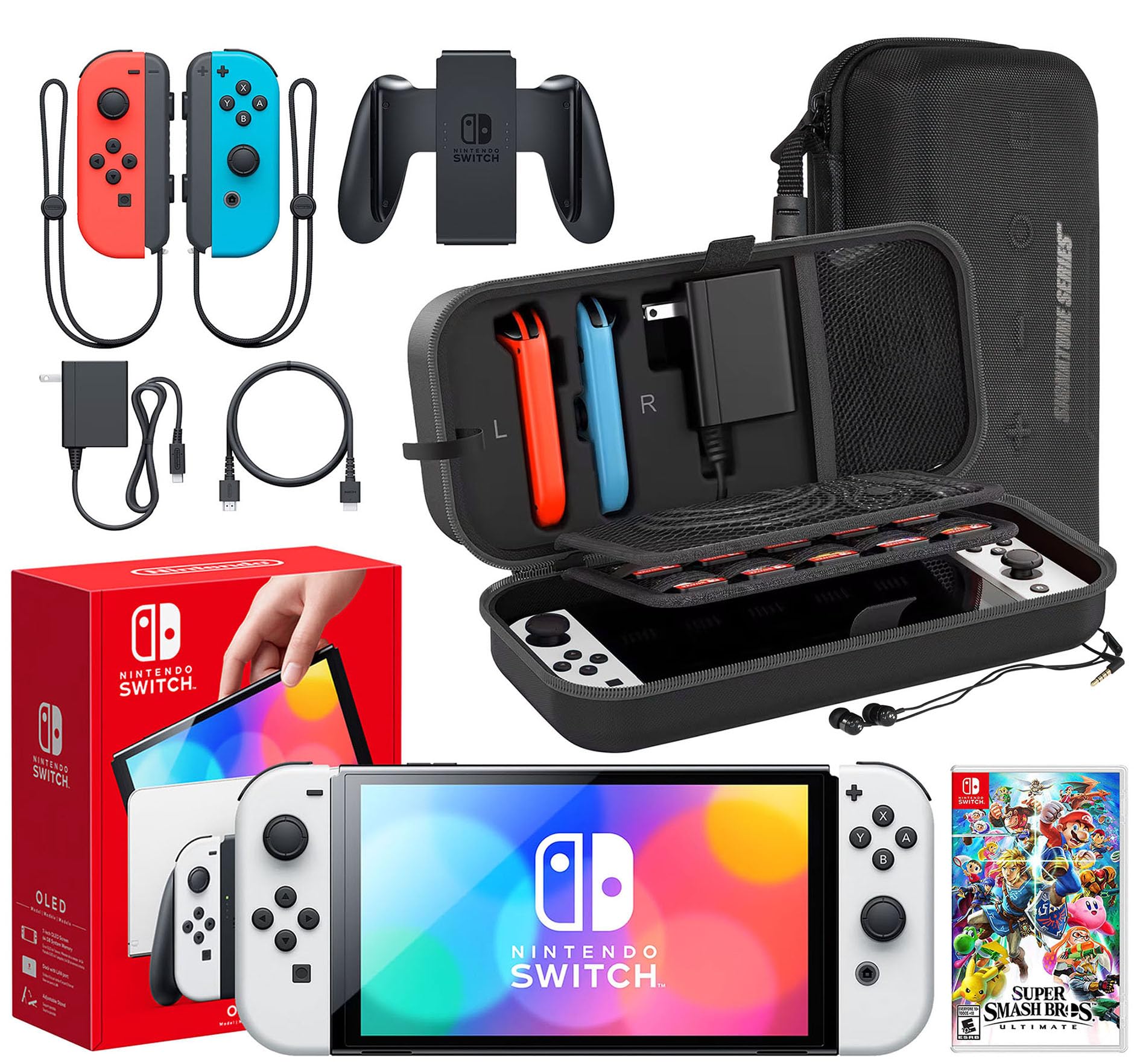 Nintendo Switch OLED Model (White) Super Smash Bros Ultimate Bundle with Extra Joy-Con (Red/Blue) - Complete Gaming Set with Dock, Grips, Straps, Signature Case & Earphones - Perfect for Home, Travel & Multiplayer Gaming