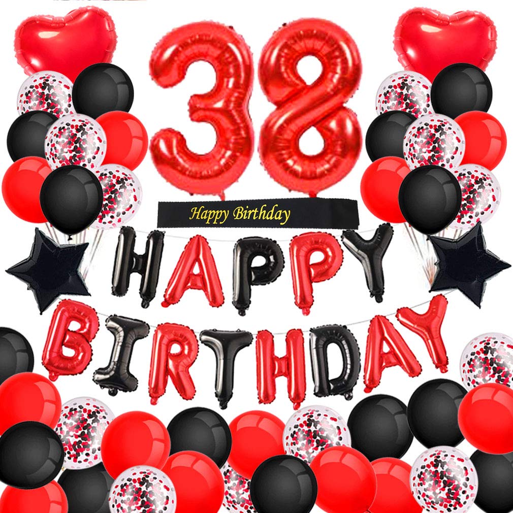 Minhero 38th Birthday Party Decorations - Red & Black Happy Birthday Banner, Number 38 Balloons, Sash with Latex & Confetti Balloons for Women's 38th or 83rd Birthday Celebration - Perfect for Adult Birthday Parties, Milestone Celebrations & Surprise Decorations