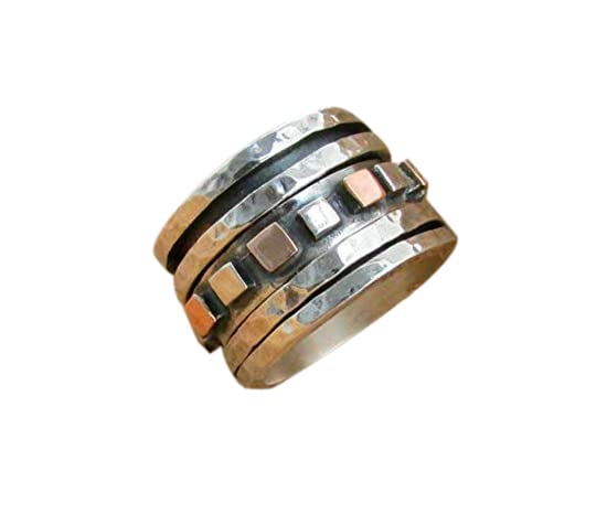 Gold and Silver Square Spinner Rings for Women - Chunky Designer Hammered Wide Band Ring - Perfect Anniversary Gift for Her - Ideal for Everyday Wear, Special Occasions, and Stress Relief
