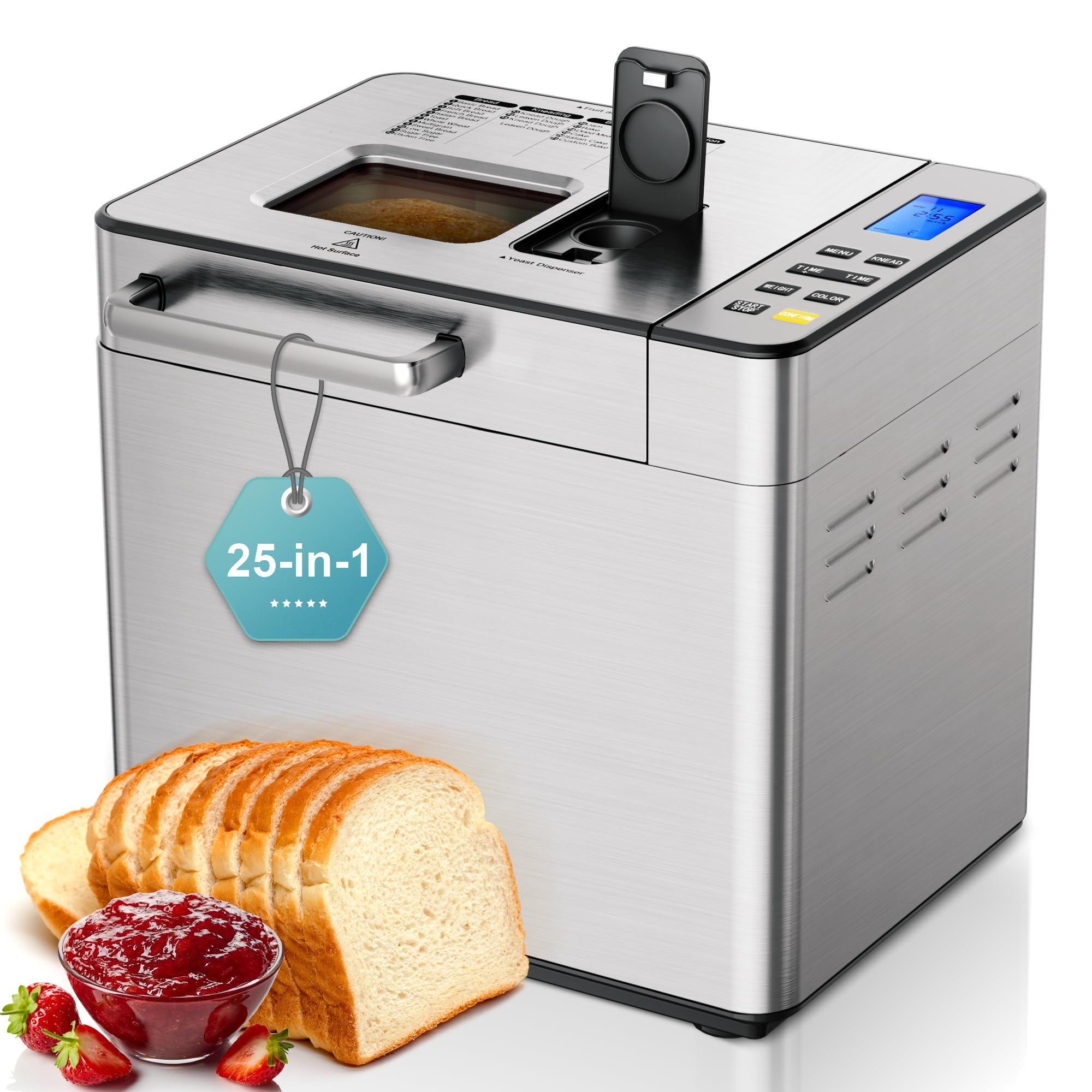 EUHOMY 25-in-1 Bread Maker Machine 2LB, Automatic Breadmaker with Nut & Yeast Dispenser, 3 Loaf Sizes & 3 Crust Colors, Custom Dough Maker for Gluten-Free Baking, Includes Recipe Book - Perfect for Home Baking, Gifts & Healthy Eating