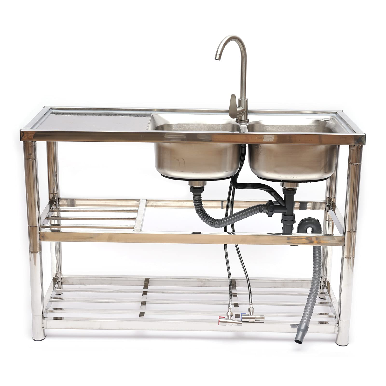 Commercial Stainless Steel 2-Bowl Utility Sink with Faucet - Heavy Duty Kitchen & Catering Prep Table for Home, Restaurant, and Food Service