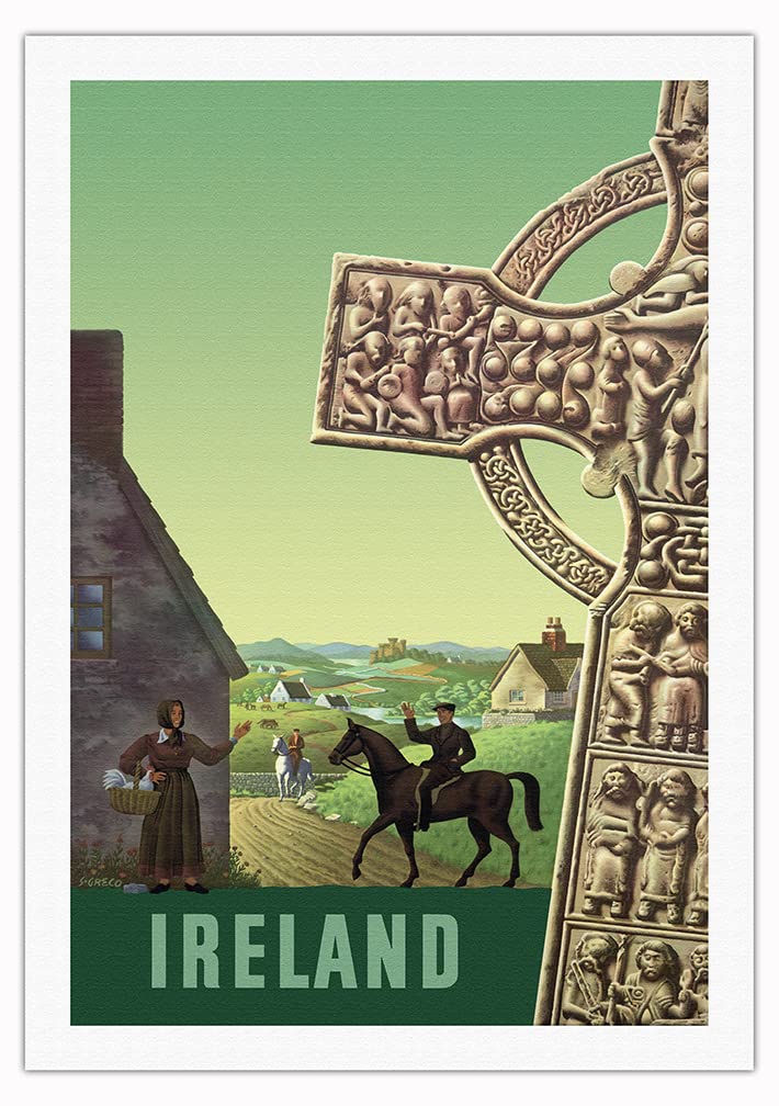 Vintage Ireland Celtic Cross Travel Poster by S. Greco c.1950s - Fine Art Rolled Canvas Print 27x40 inches - Wall Decor for Home, Office & Irish Pub Theme