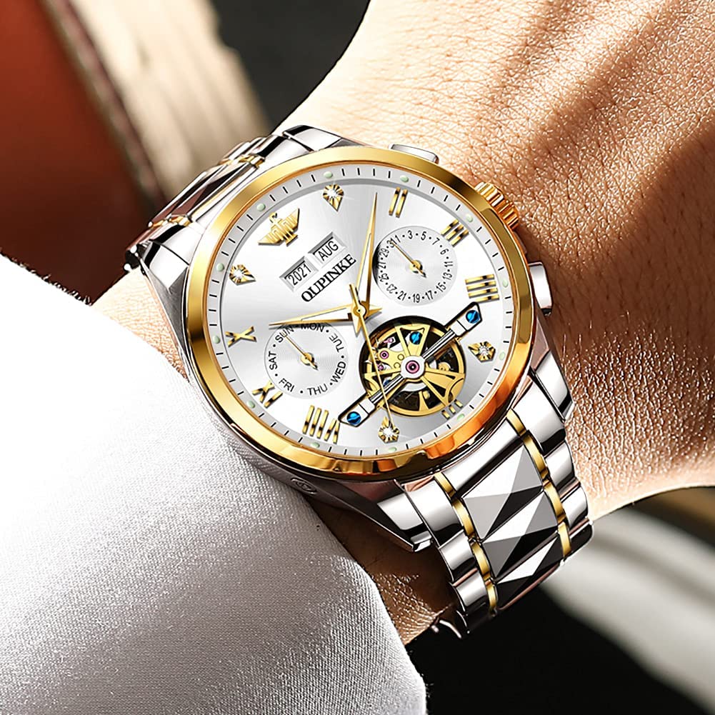 Premium Men's Automatic Skeleton Watch with Diamond Accents - Self-Winding Mechanical Dress Watch - Sapphire Crystal & Tungsten Case - Perfect for Business, Formal Events & Luxury Gifting