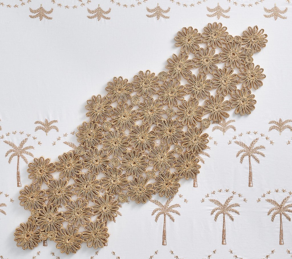 Elegant Embroidered Palm Tablecloth - White, Natural & Gold - Perfect for Wedding, Party & Home Decor
