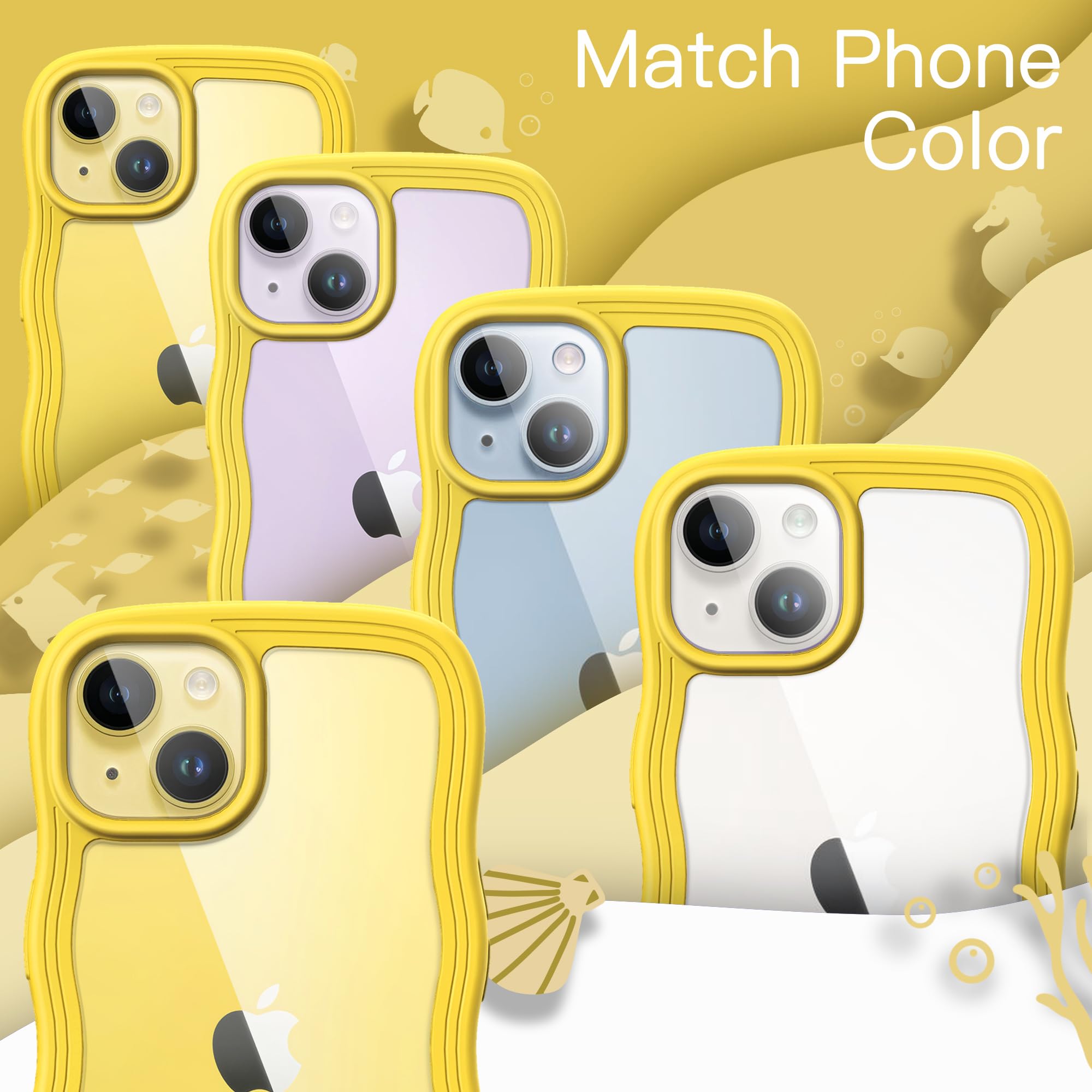 JETech Cute iPhone 14 Plus Case 6.7-Inch | Wave Frame Curly Design Shockproof Clear Hard PC Cover for Women & Girls (Yellow) | Perfect for Everyday Use, School & Work Protection