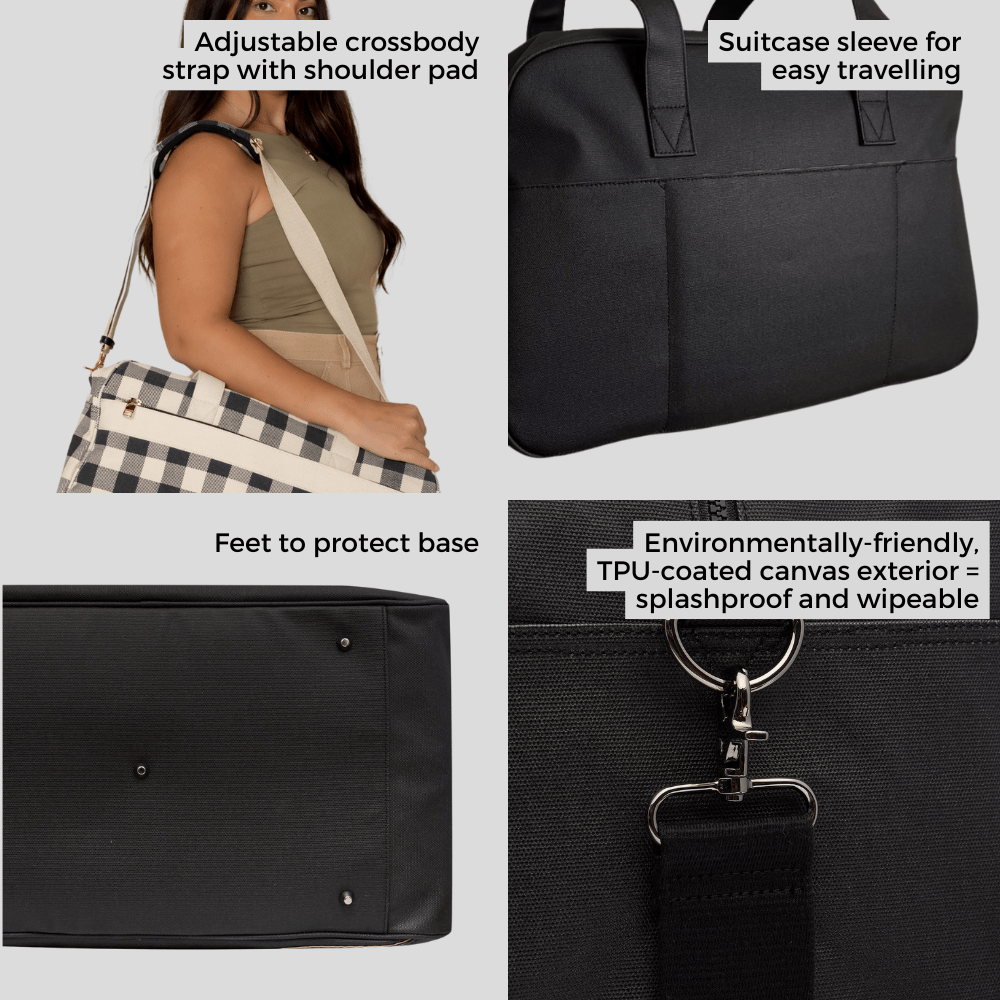 Bon Voyage Weekender Bag - Stylish Black Gingham Travel Duffel for Women & Men | Perfect Carry-On for Weekend Getaways, Gym, Work & Overnight Trips