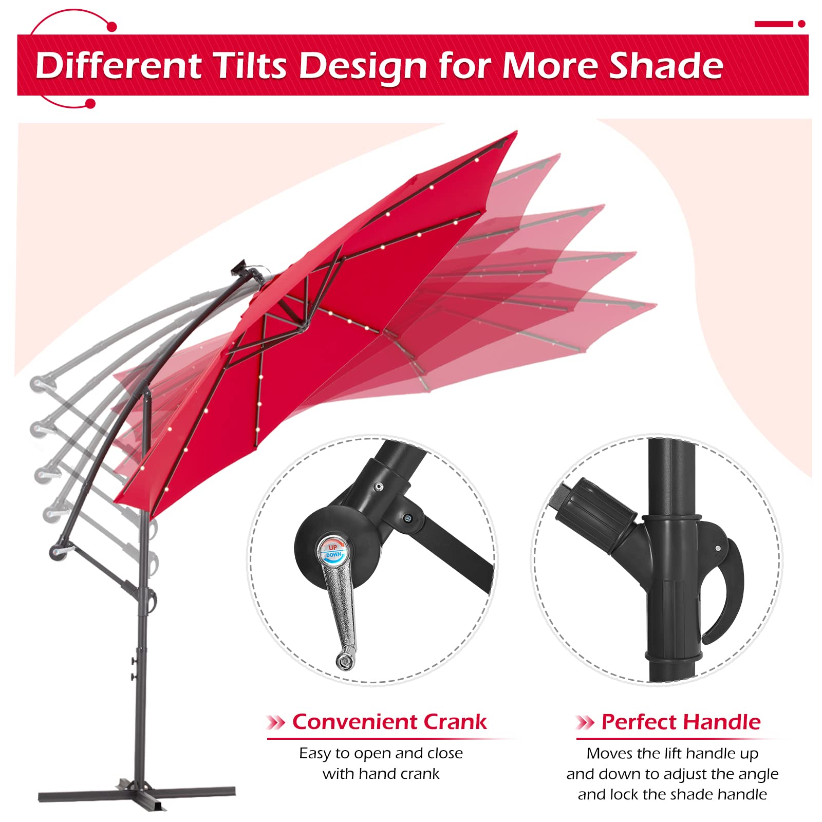 AECOJOY 10FT Solar Powered LED Cantilever Patio Umbrella with 24 Lights - Hanging Offset Market Umbrella with Cross Base for Backyard, Garden, Poolside (Red) | Perfect for Outdoor Dining, Lounging & Entertaining