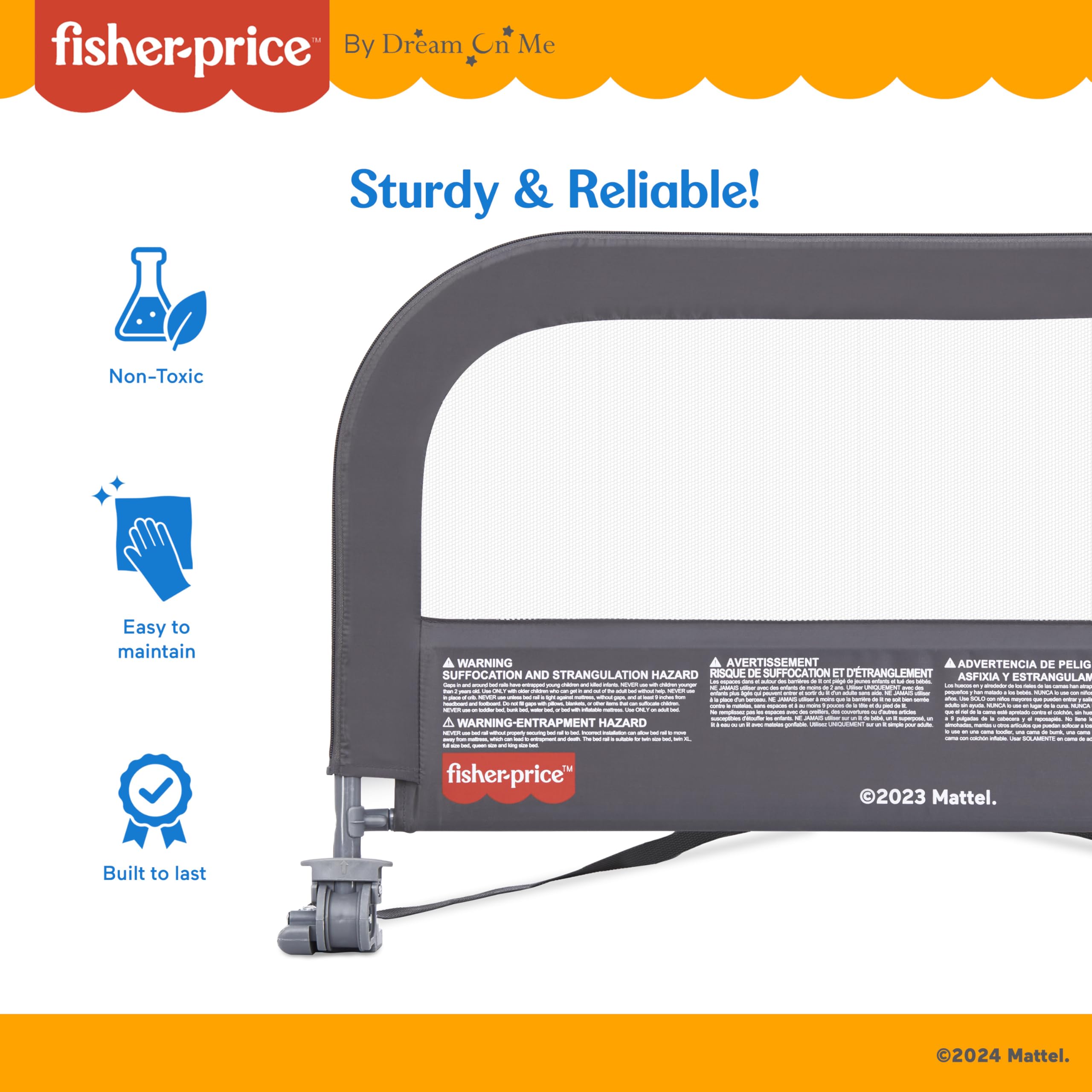 Dream On Me Fisher-Price Little Naps Bed Rail for Toddlers - Grey Safety Guardrail for Twin, Full & Queen Beds | No-Tool Assembly | Perfect for Daycare, Travel & Home Use