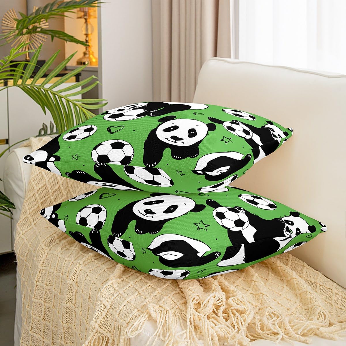 Cute Cartoon Panda Throw Pillow Covers 22x22 Inches - Soft Decorative Pillowcases with Animal Print, Eco-Friendly Green Bear Design (Set of 2) - Perfect for Kids' Room, Nursery Decor & Cozy Home Accents