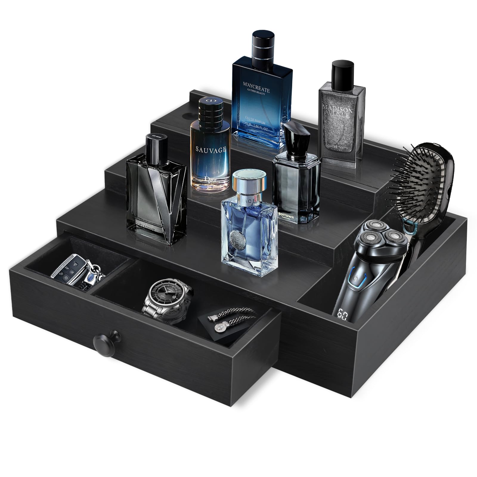 3-Tier Cologne Stand Organizer for Men - Velvet Lined Drawer & Compartments for Watch, Jewelry & Perfume Display | Perfect Gift for Father | Bathroom Countertop & Dresser Organizer for Fragrance Collection