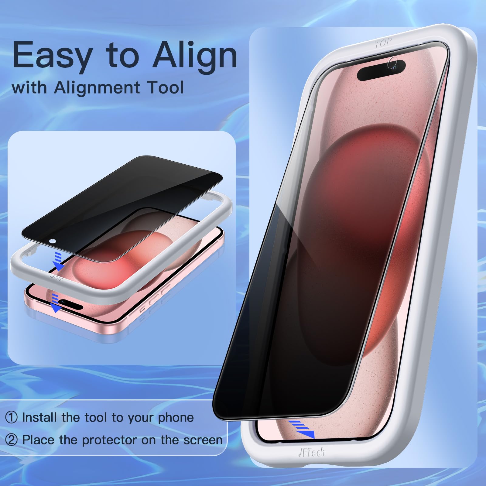 JETech Privacy Screen Protector for iPhone 15 6.1-Inch - 2 Pack Tempered Glass with Camera Lens Protector | Anti-Spy, Easy Installation Tool | Perfect for Work, Banking & Private Browsing