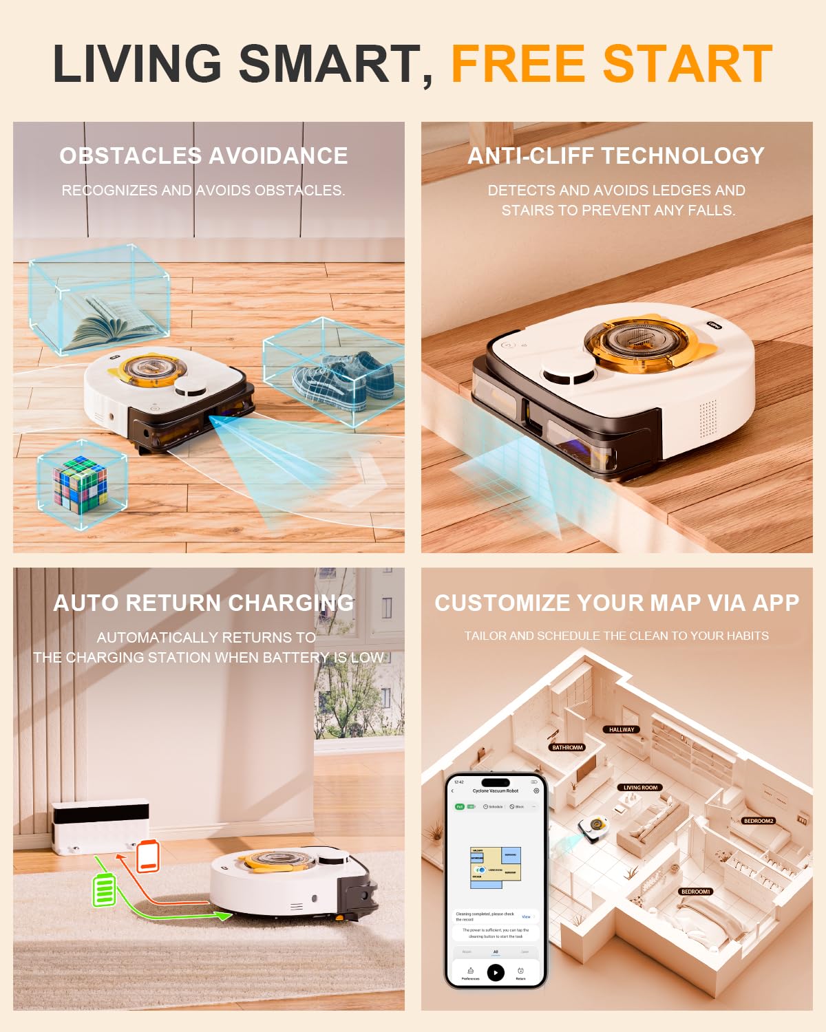 2025 Upgraded Automatic Robot Vacuum Cleaner - 22,000Pa Strong Suction, 4 Adjustable Modes, Bagless Design, Smart Mop & Carpet Cleaning - Perfect for Hardwood Floors, Pet Hair & Large Homes
