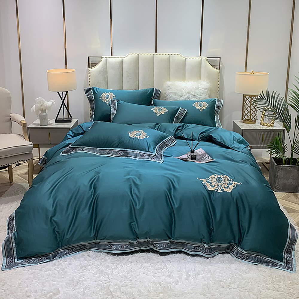Premium Cotton Satin Duvet Cover Set 4-Piece Queen/King Size - Soft Embroidered Bedding Set with Fitted Sheet & Pillowcases for Luxury Bedroom Decor | Perfect for Master Bedrooms, Guest Rooms & Hotel Style Comfort