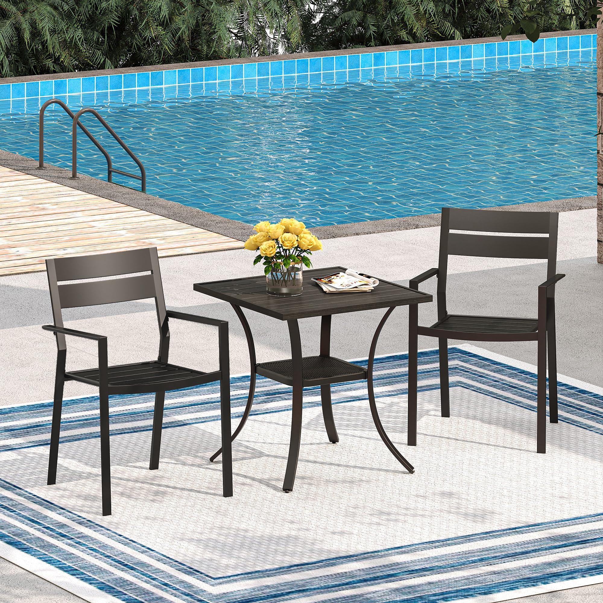 VICLLAX 3-Piece Outdoor Dining Set - 2 Stackable Patio Chairs & Small Table with Storage Shelf for Garden, Yard, Balcony | Durable Black Patio Furniture for Outdoor Entertaining & Relaxation