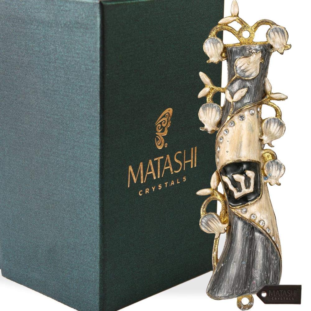 Hand Painted Gold Plated Mezuzah with Crystals - Home Blessing Decor