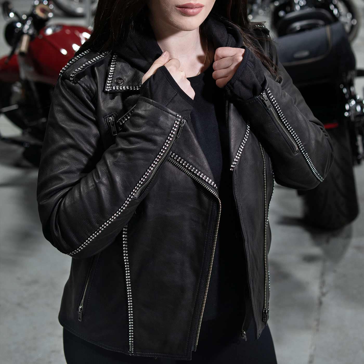 Milwaukee Leather MLL2503 Women's Black Bedazzled Leather Moto Jacket with Hood - Stylish Biker Jacket for Riding & Fashion Outfits