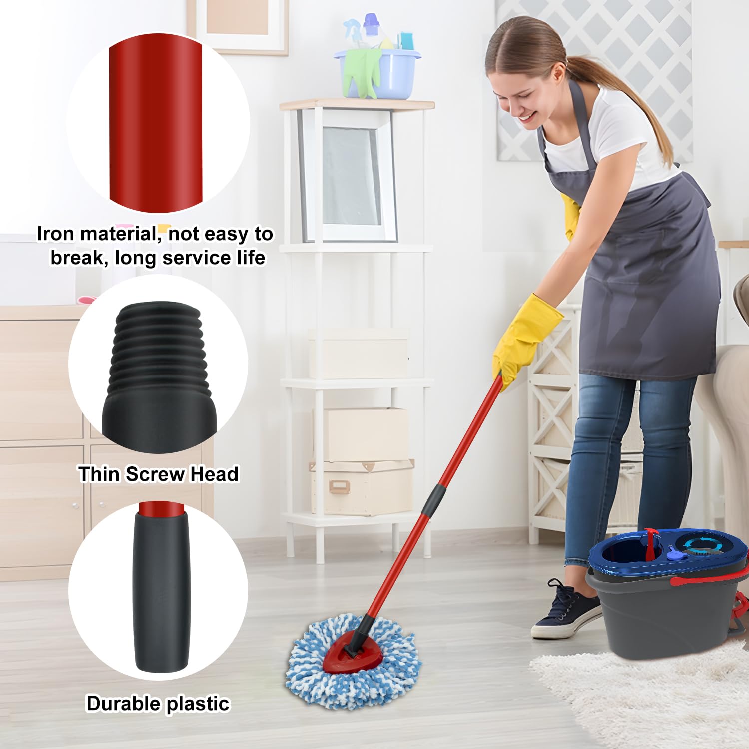 Oceda Spin Mop Handle Replacement - 4-Section Adjustable Mop Stick (30