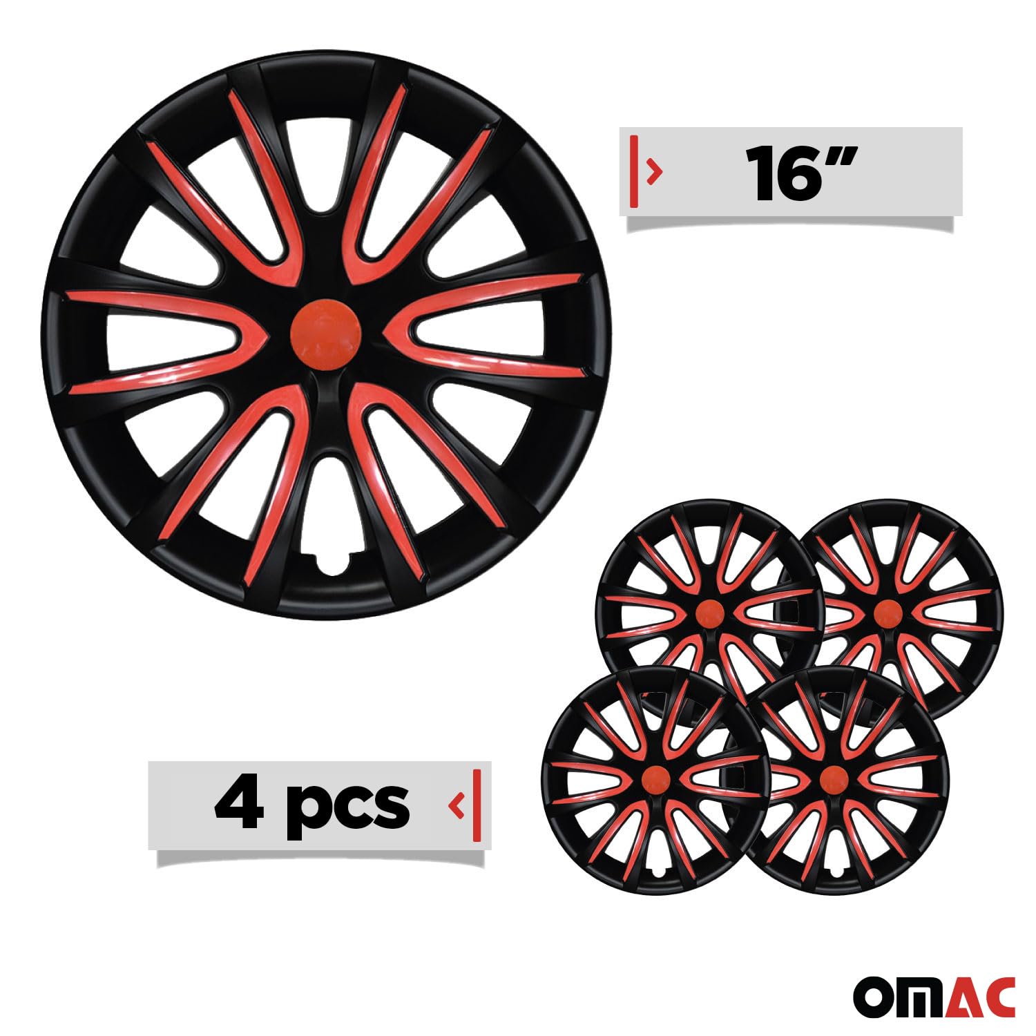 OMAC 16 Inch Black & Red Matte Wheel Covers (Set of 4) - Premium Snap-On Hub Caps for Toyota Sienna - Durable R16 Rim Covers Replacement Accessories - Perfect for Car Upgrades & Off-Road Protection