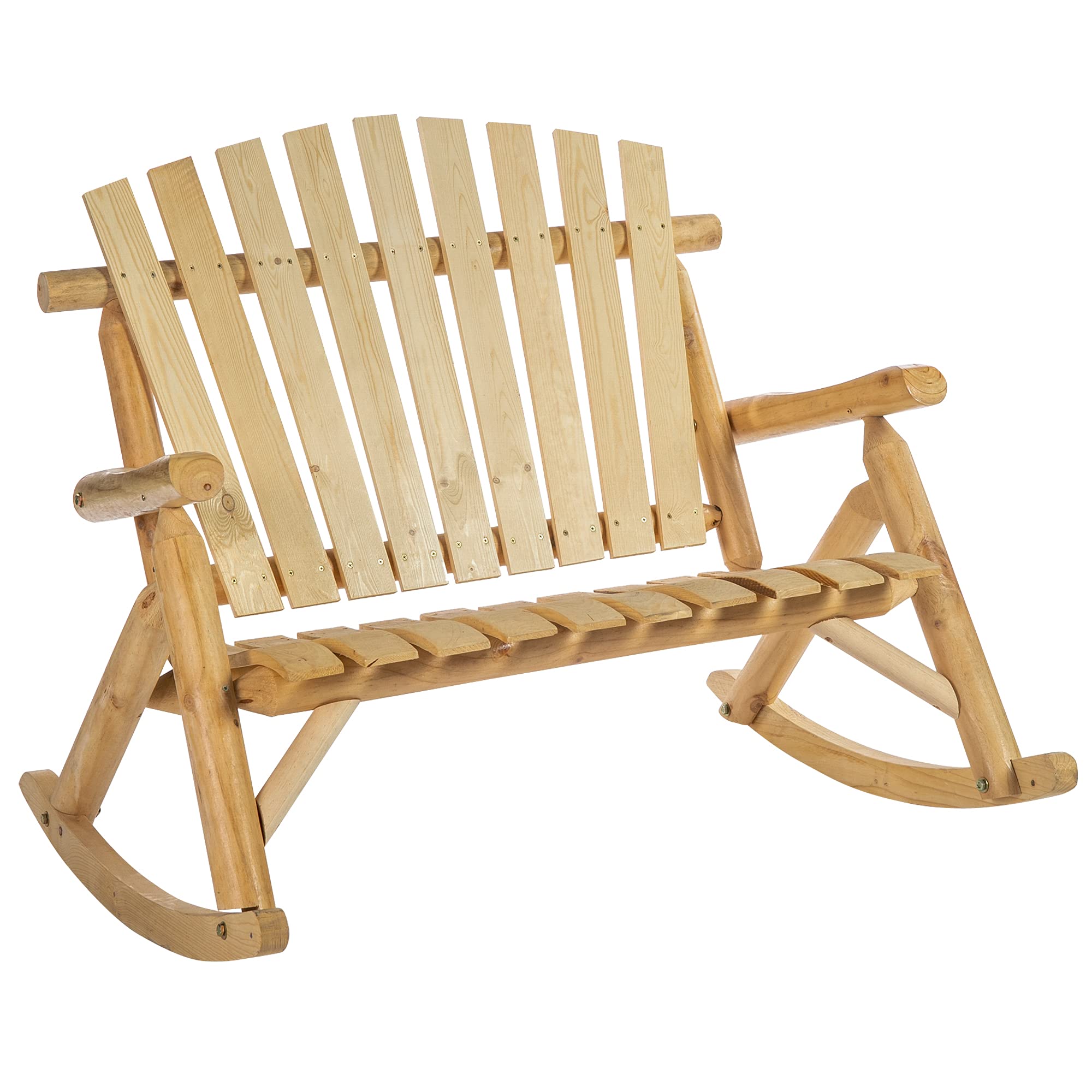 Outsunny Double-Person Wooden Adirondack Rocking Chair - Rustic High Back Patio Chair with Slatted Seat & Backrest - Perfect for Backyard, Garden, Porch & Indoor Relaxation - Great for Couples Lounging, Outdoor Entertaining & Cozy Reading Nooks