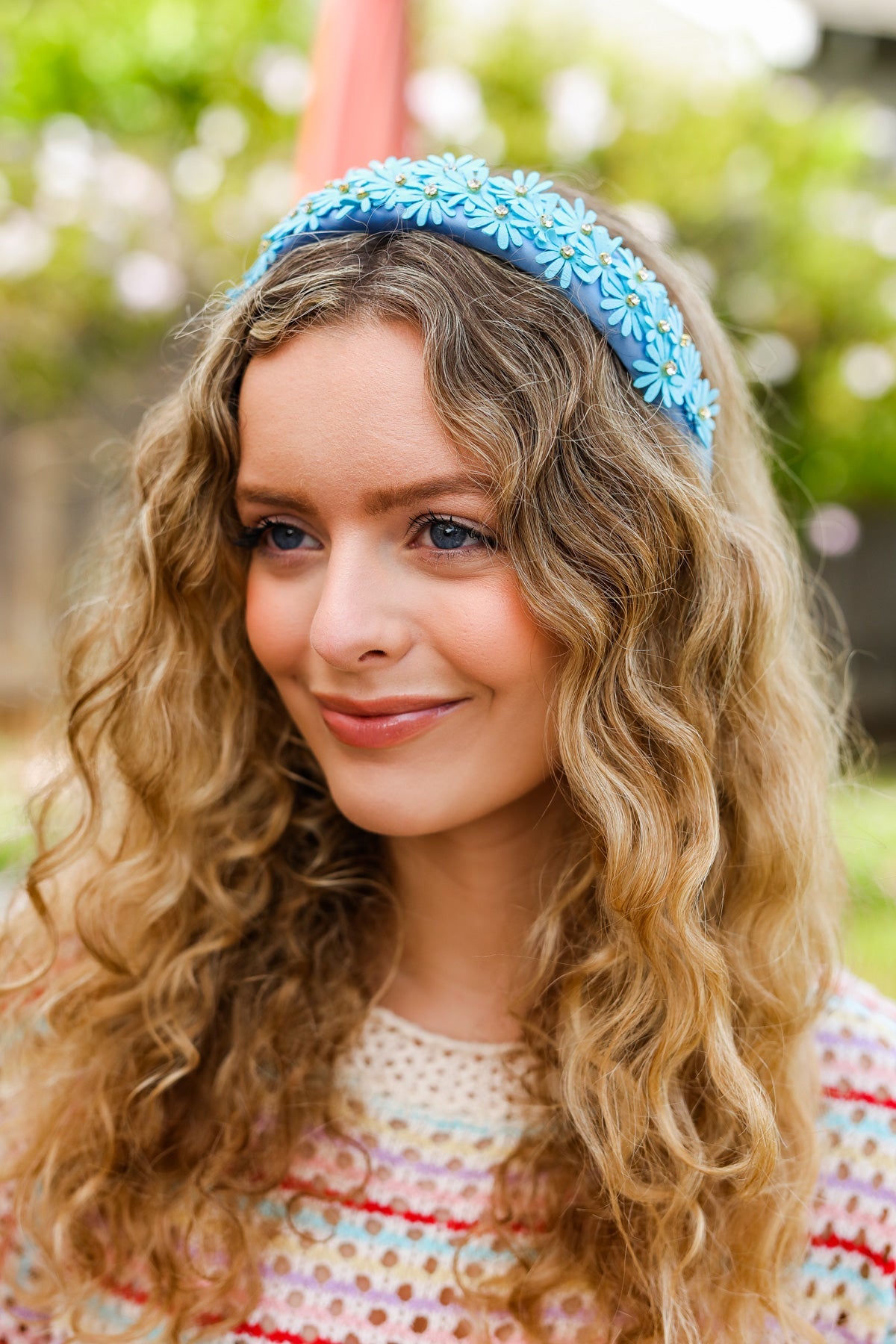 Blue Satin Daisy Rhinestone Headband for Women - Sparkling Hair Accessory for Weddings, Parties & Special Occasions