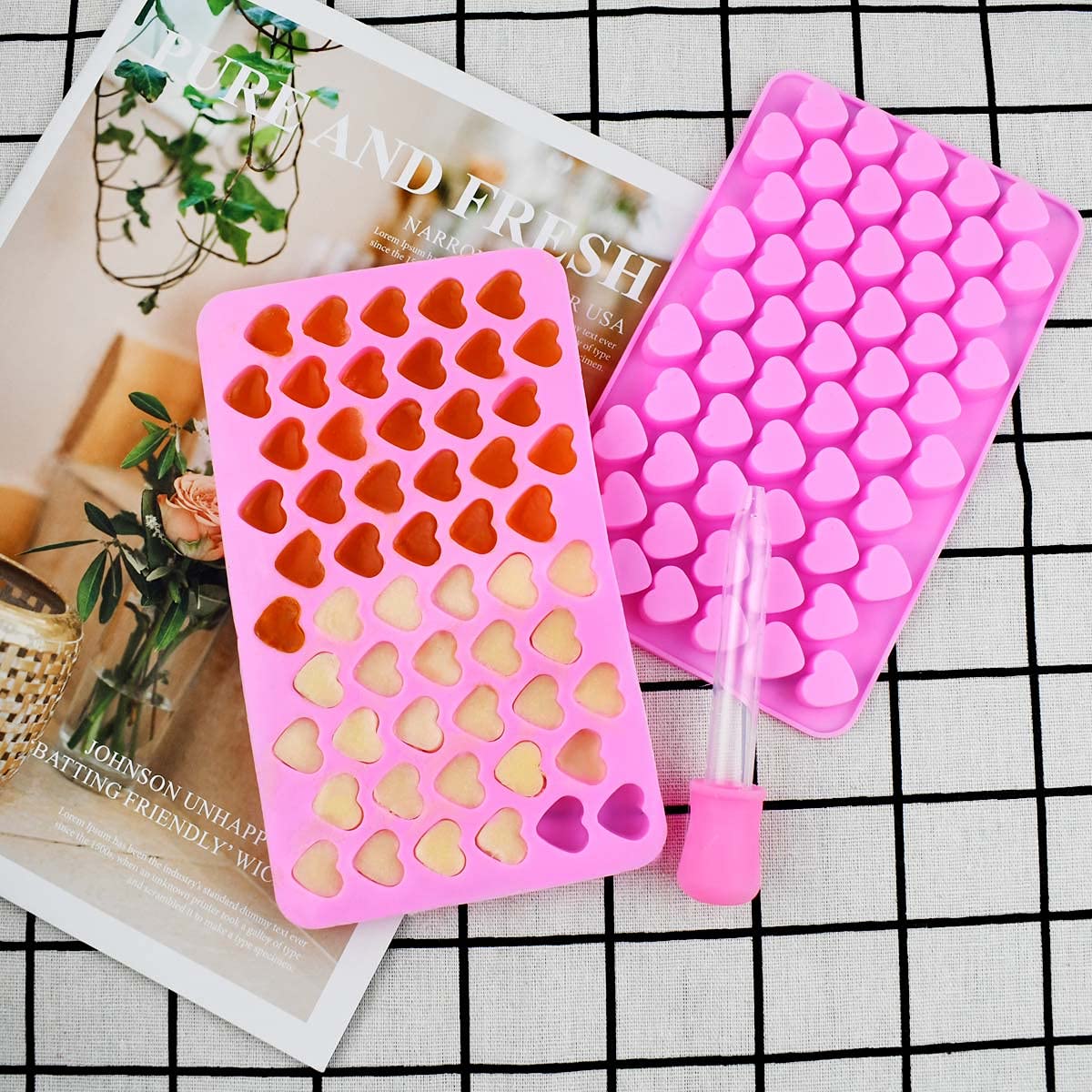 2 Pack Silicone Mini Heart Molds with Droppers - Heart Shape Ice Cube & Candy Molds for Chocolate, Gummy, Soap, Jelly, Cake - Baking & DIY Crafts - Perfect for Valentine's Day, Parties & Home Decor (Pink)