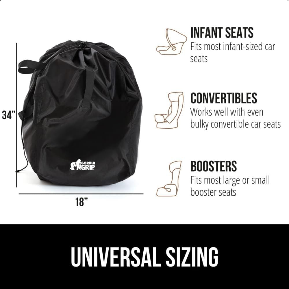 GORILLA GRIP Premium Padded Car Seat Travel Bag for Airplane - Waterproof Backpack Cover for Infant Carriers, Toddler Booster Seats & Baby Car Seats - Easy Carry Gate Check Bag for Airport Travel Essentials - Perfect for Family Vacations, Road Trips & Air Travel with Kids - Black