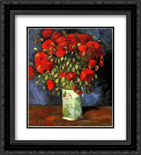 Vincent van Gogh Red Poppies Vase Art Print - 20x22 Inch Black Ornate Framed Double Matted Museum Quality Wall Decor for Living Room, Bedroom & Office