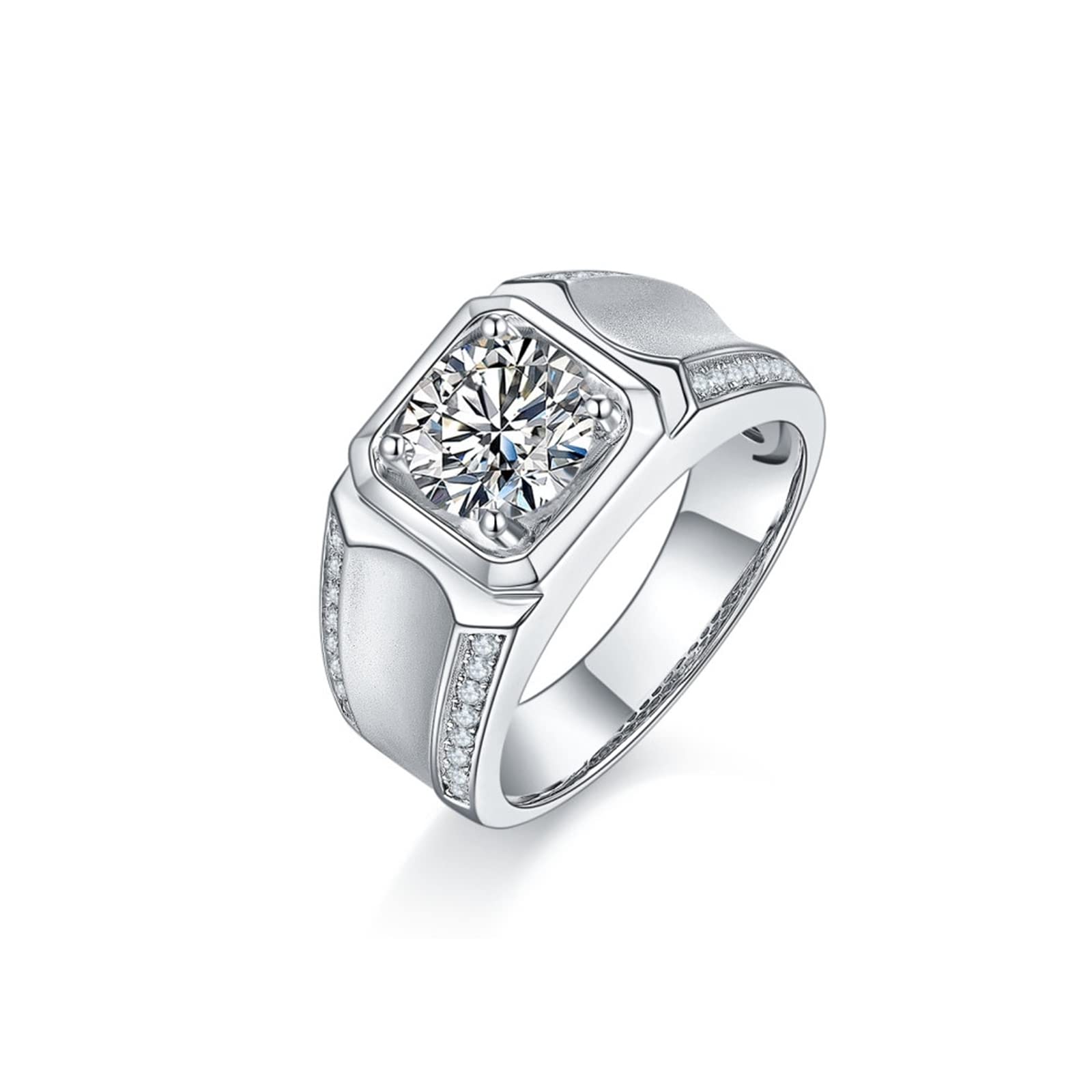 Sterling Silver Men's Wedding Band - Square Wide Ring with Zirconia, White Gold Plated for Men - Perfect for Engagement, Anniversary & Special Occasions