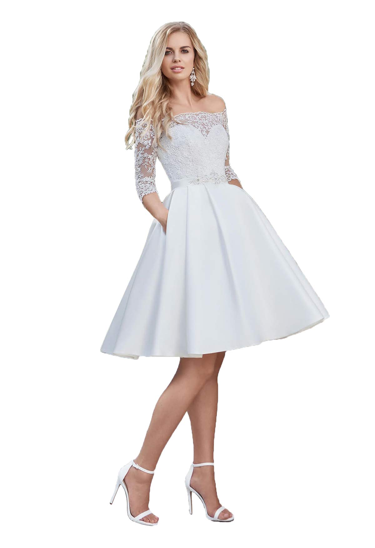**Awishwill Women's Off-The-Shoulder Short Wedding Dress – Lace & Satin Bridal Gown with Pockets – Perfect for Beach, Garden, or Courthouse Weddings**