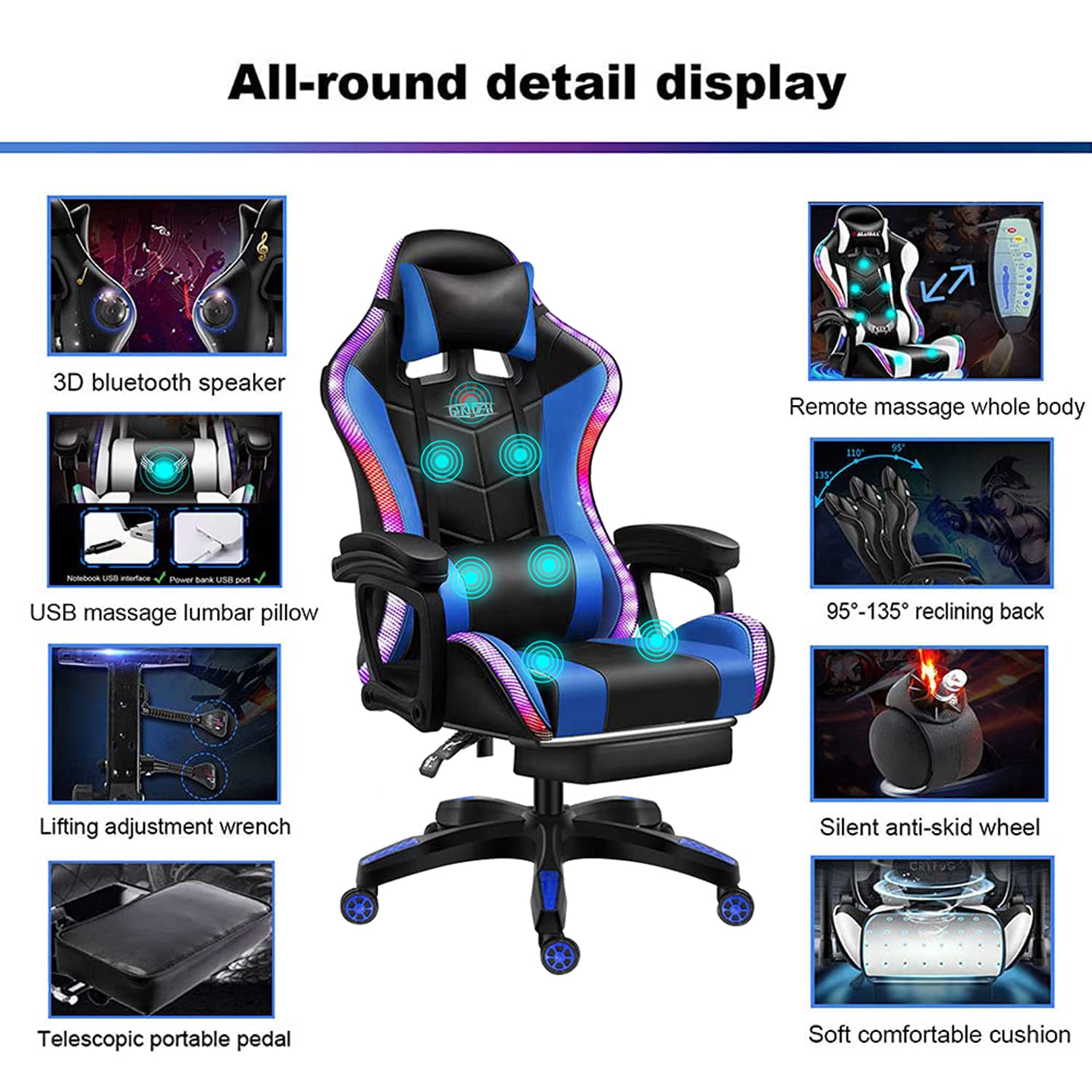 RGB Gaming Chair with Massage & Speakers - Ergonomic LED Light Video Game Chair, 90°-135° Reclining High Back PU Leather E-Sport Computer Chair with Headrest & Lumbar Support (Red) - Perfect for PC Gaming, Streaming & Home Office Setup