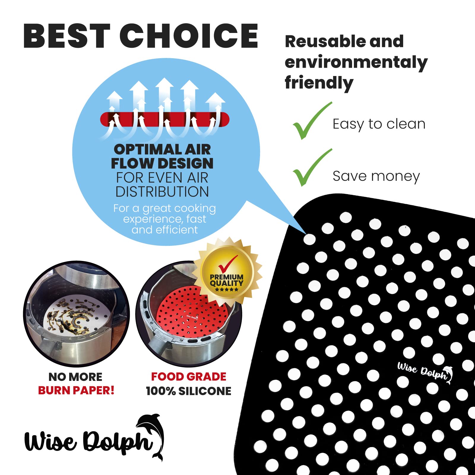 9 Inch Silicone Air Fryer Mat with 7 Inch Red Tongs - Reusable, Non-Toxic & Easy Clean Air Fryer Liners for Healthy Cooking | Perfect for Air Fryer Oven Accessories & Replacement Parts | Ideal for Roasting, Baking & Frying Chicken Wings, French Fries & Vegetables