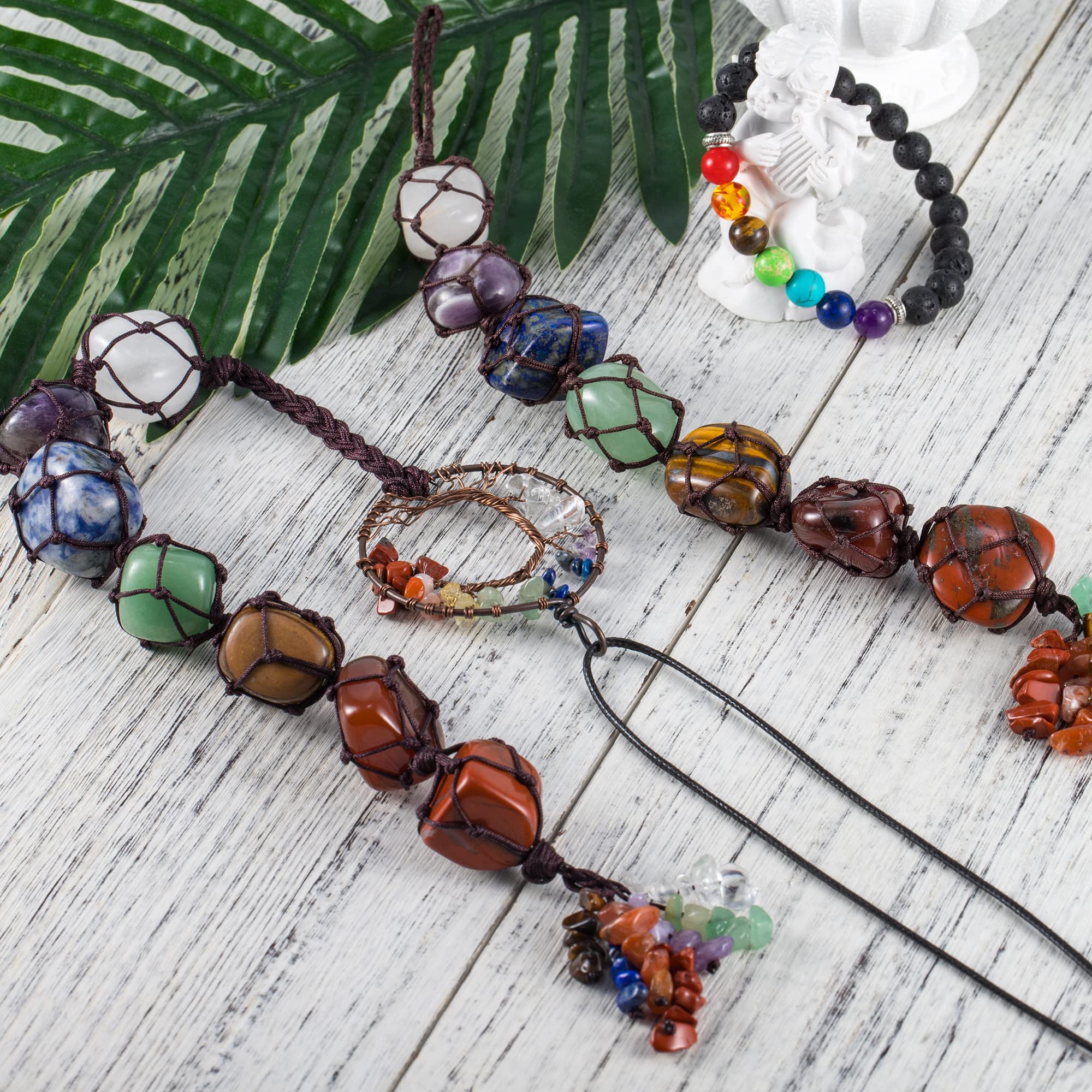 7 Chakra Crystal Car Hanging Ornament - Tree of Life Feng Shui Decor for Rearview Mirror, Home & Office (Set of 3) - Positive Energy & Stress Relief for Meditation, Yoga & Daily Commute